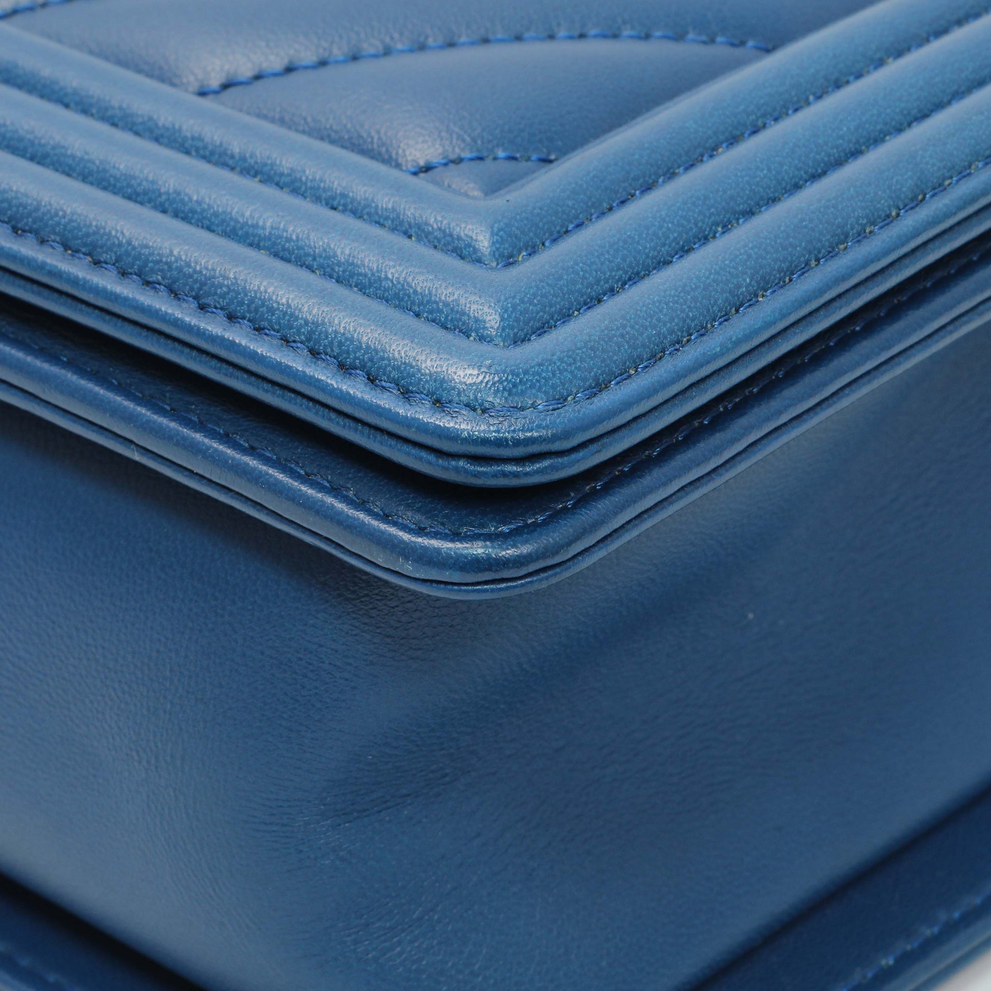 Exclusive Chanel Blue Lambskin Chevron Quilted New Medium Boy Flap — Lifestyle View