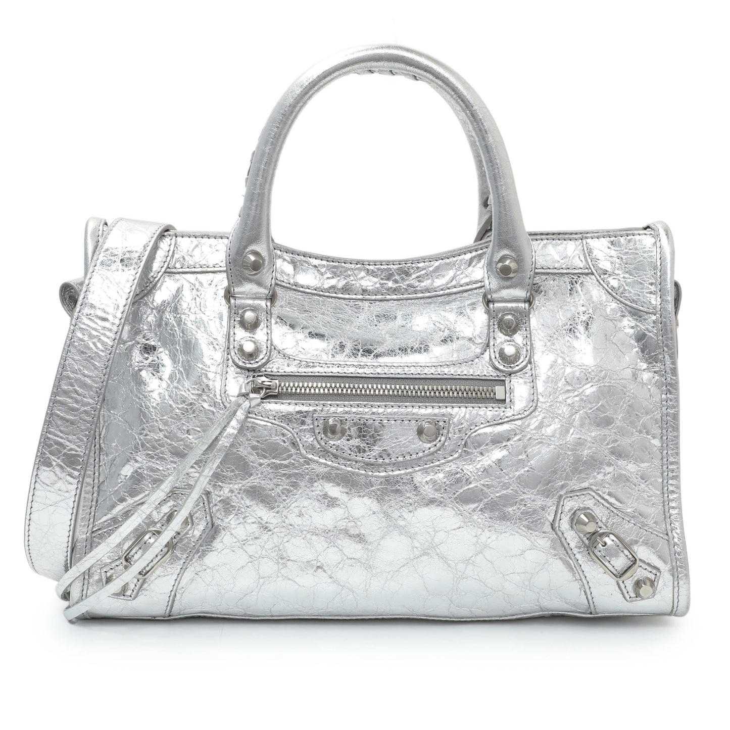 Exclusive Balenciaga Silver Agneau Small Le City — Front View