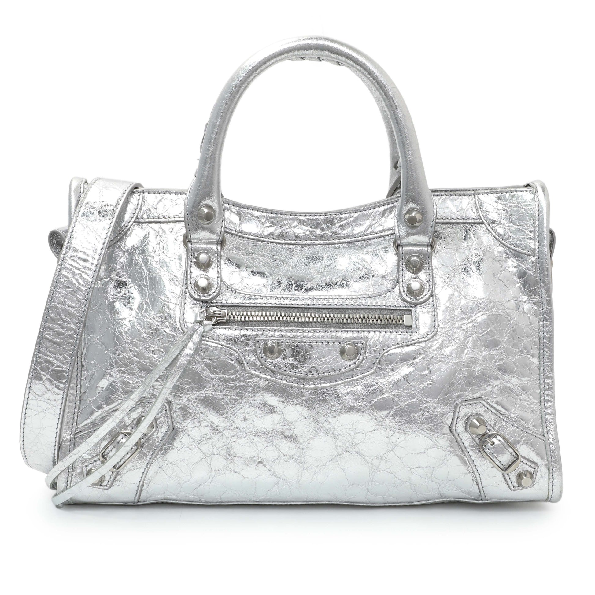 Exclusive Balenciaga Silver Agneau Small Le City — Front View