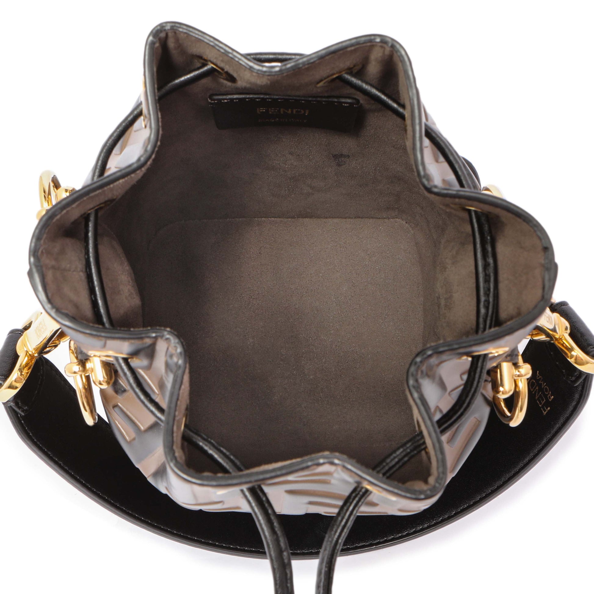 Exclusive Fendi Brown Calfskin Zucca Embossed Mini Mon Tresor Bucket Bag — Detail View