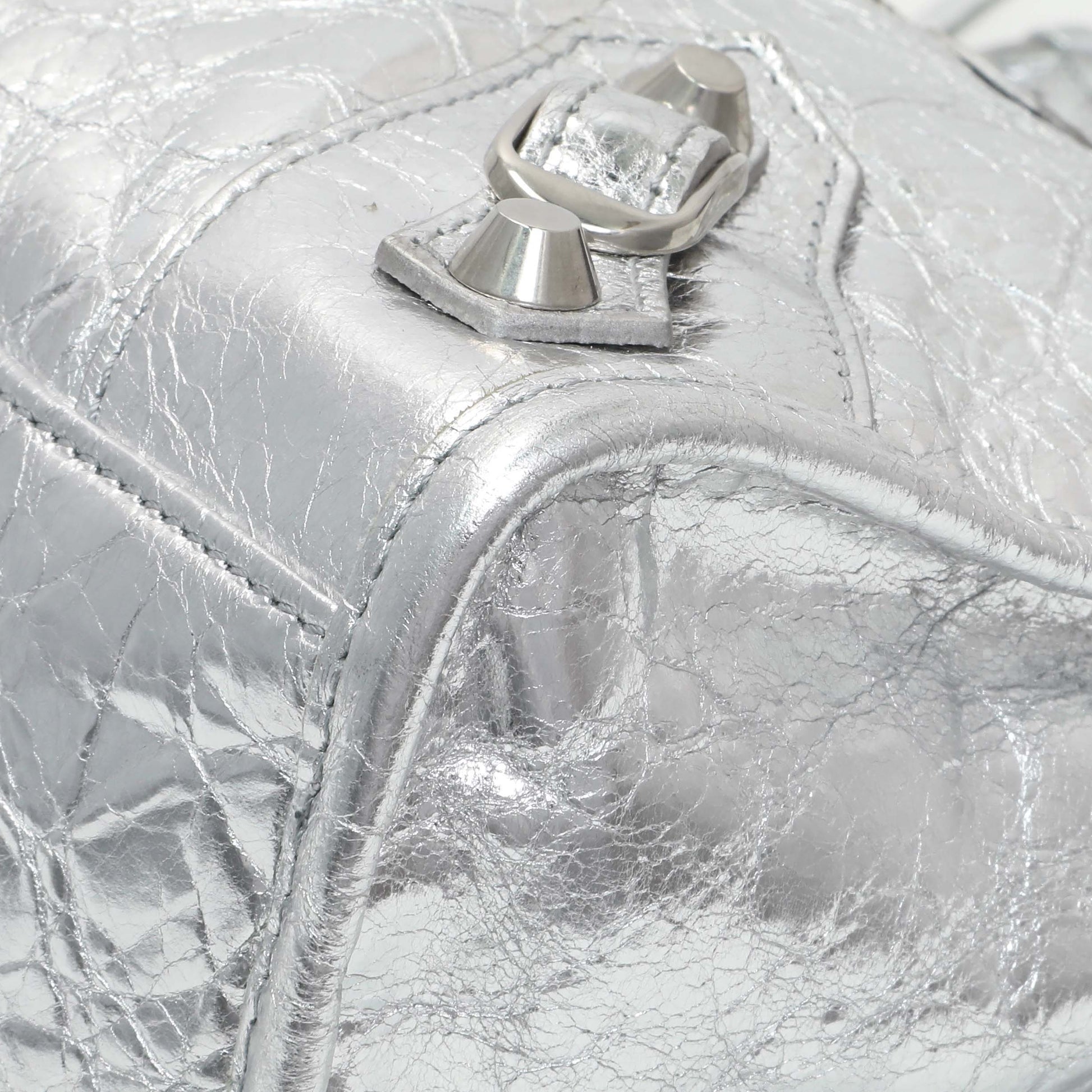 Exclusive Balenciaga Silver Agneau Small Le City — Detail View