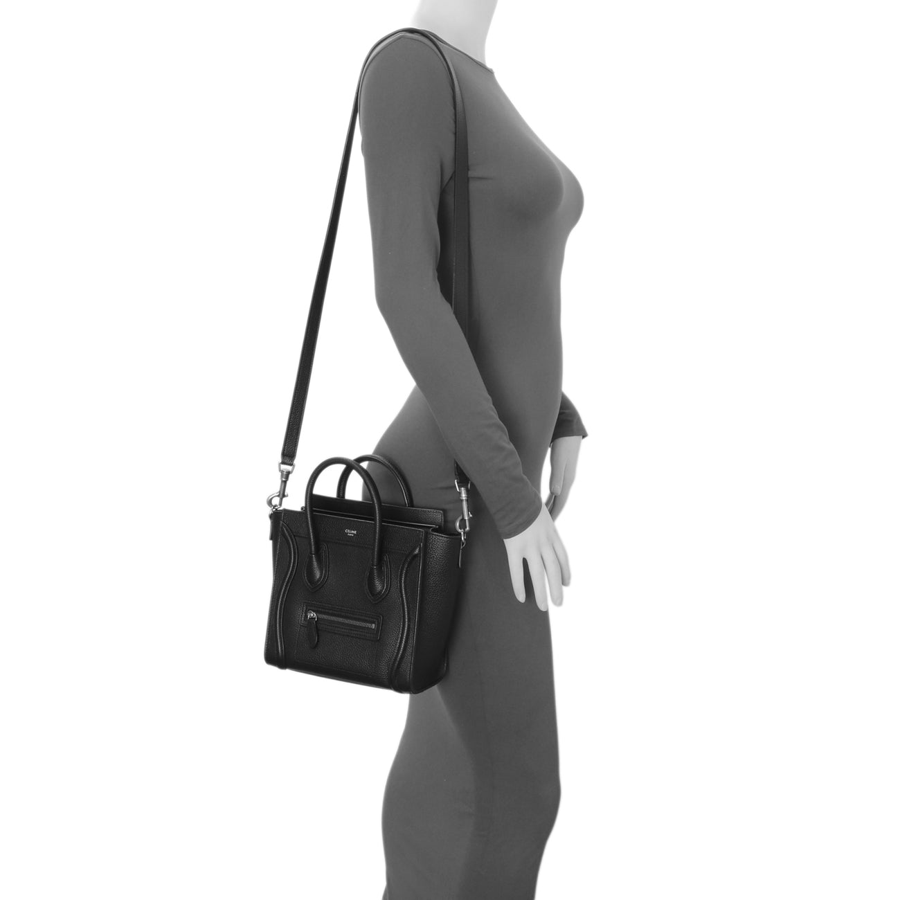 Exclusive Celine Black Drummed Calfskin Nano Luggage Tote — Lifestyle View