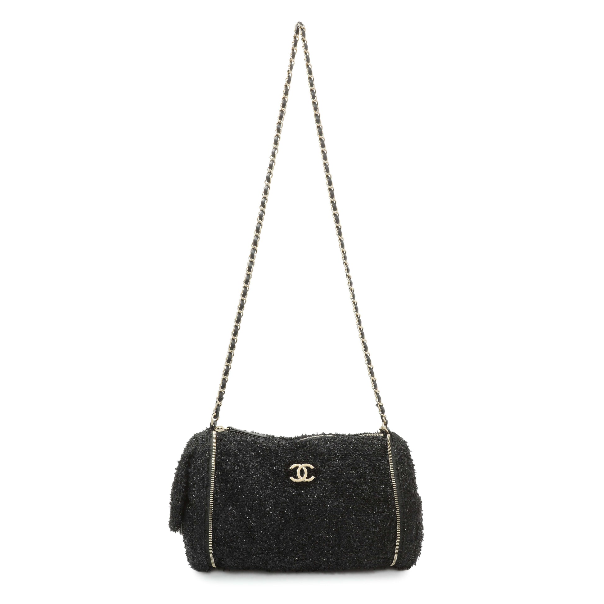 Exclusive Chanel Black Tweed Coco Beach Expandable Barrel Bag — Front View