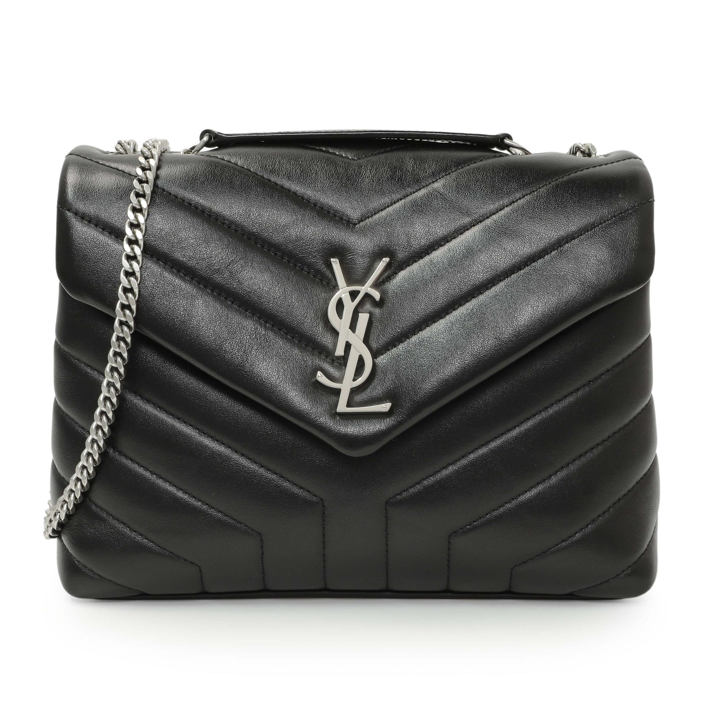 Exclusive Saint Laurent Black Calfskin Y Quilted Monogram Small Loulou Chain Satchel — Front View