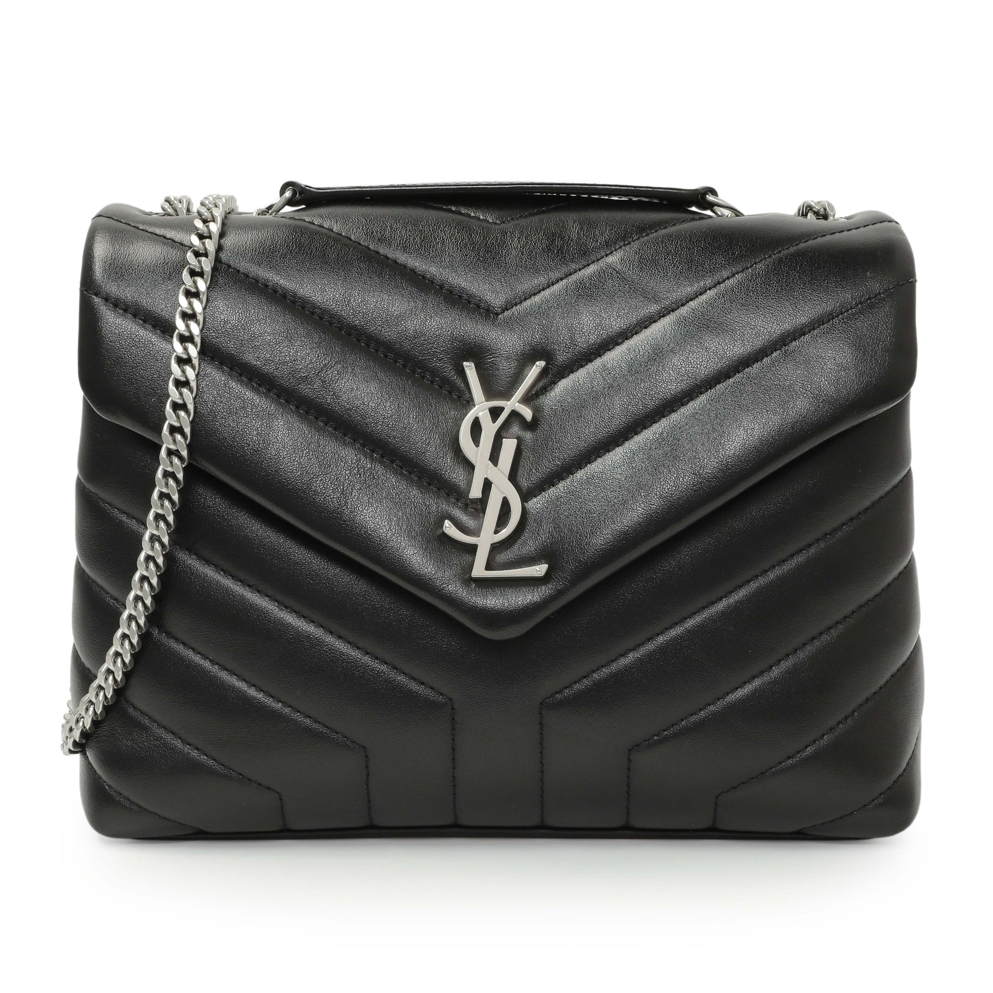 Exclusive Saint Laurent Black Calfskin Y Quilted Monogram Small Loulou Chain Satchel — Front View
