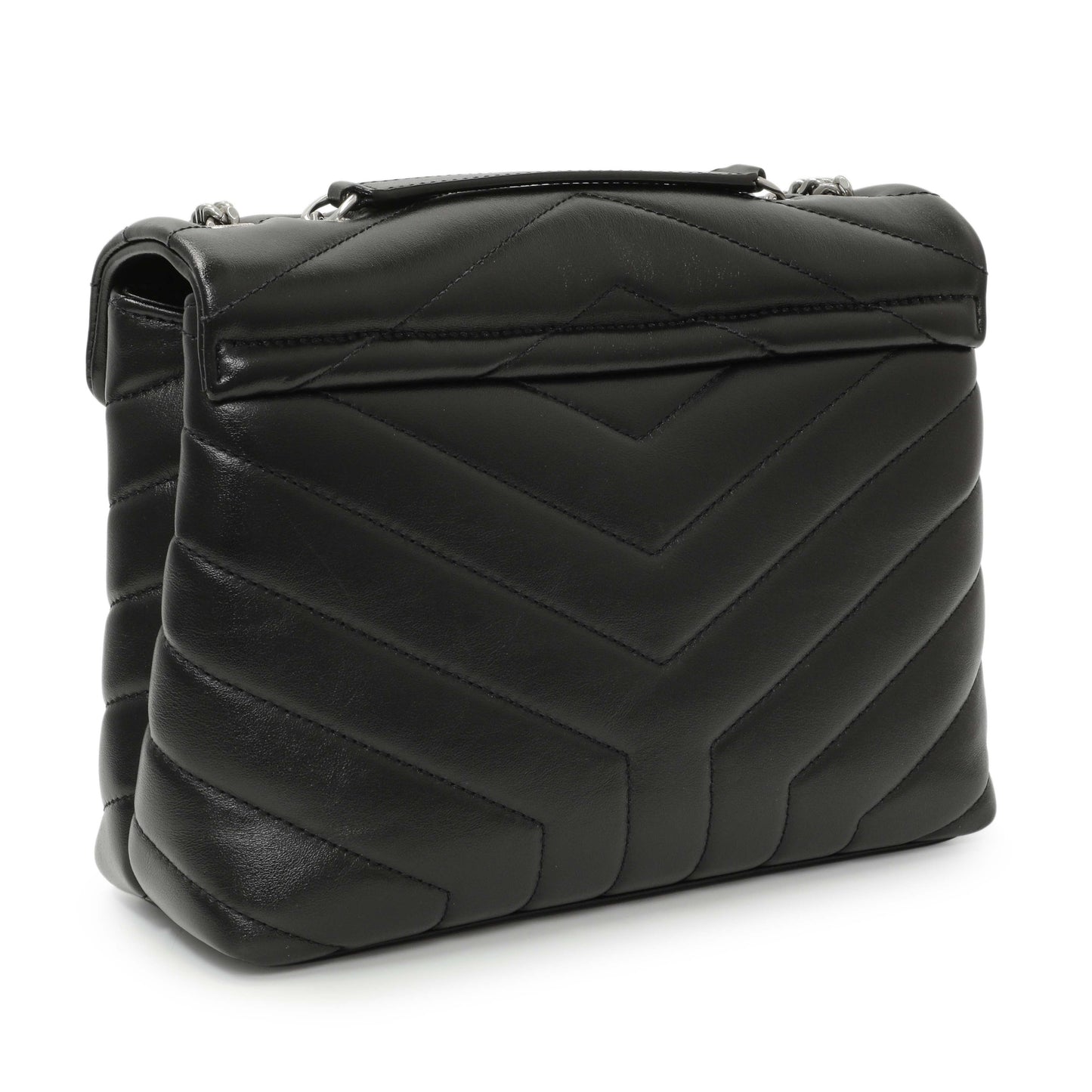 Exclusive Saint Laurent Black Calfskin Y Quilted Monogram Small Loulou Chain Satchel — Side View