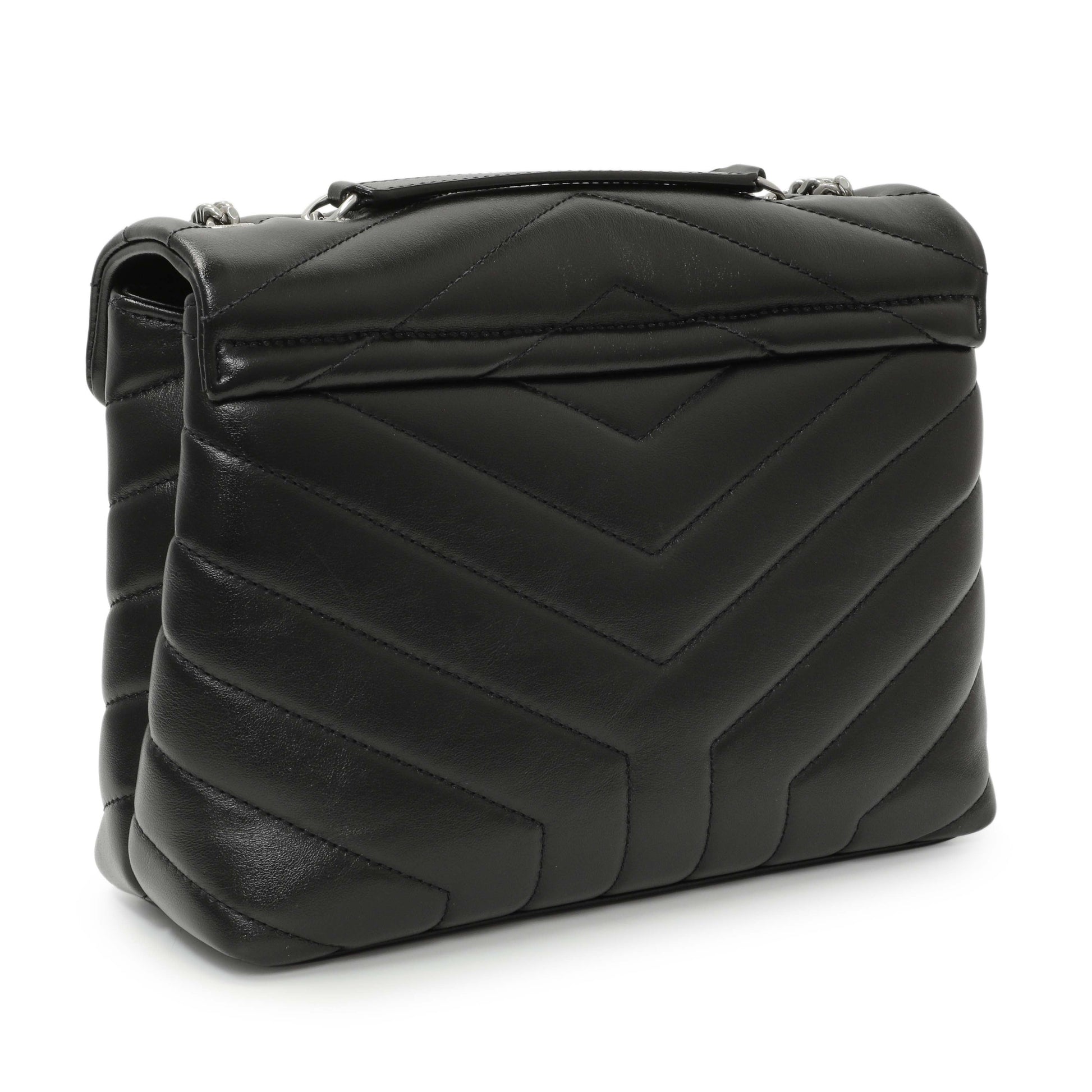 Exclusive Saint Laurent Black Calfskin Y Quilted Monogram Small Loulou Chain Satchel — Side View