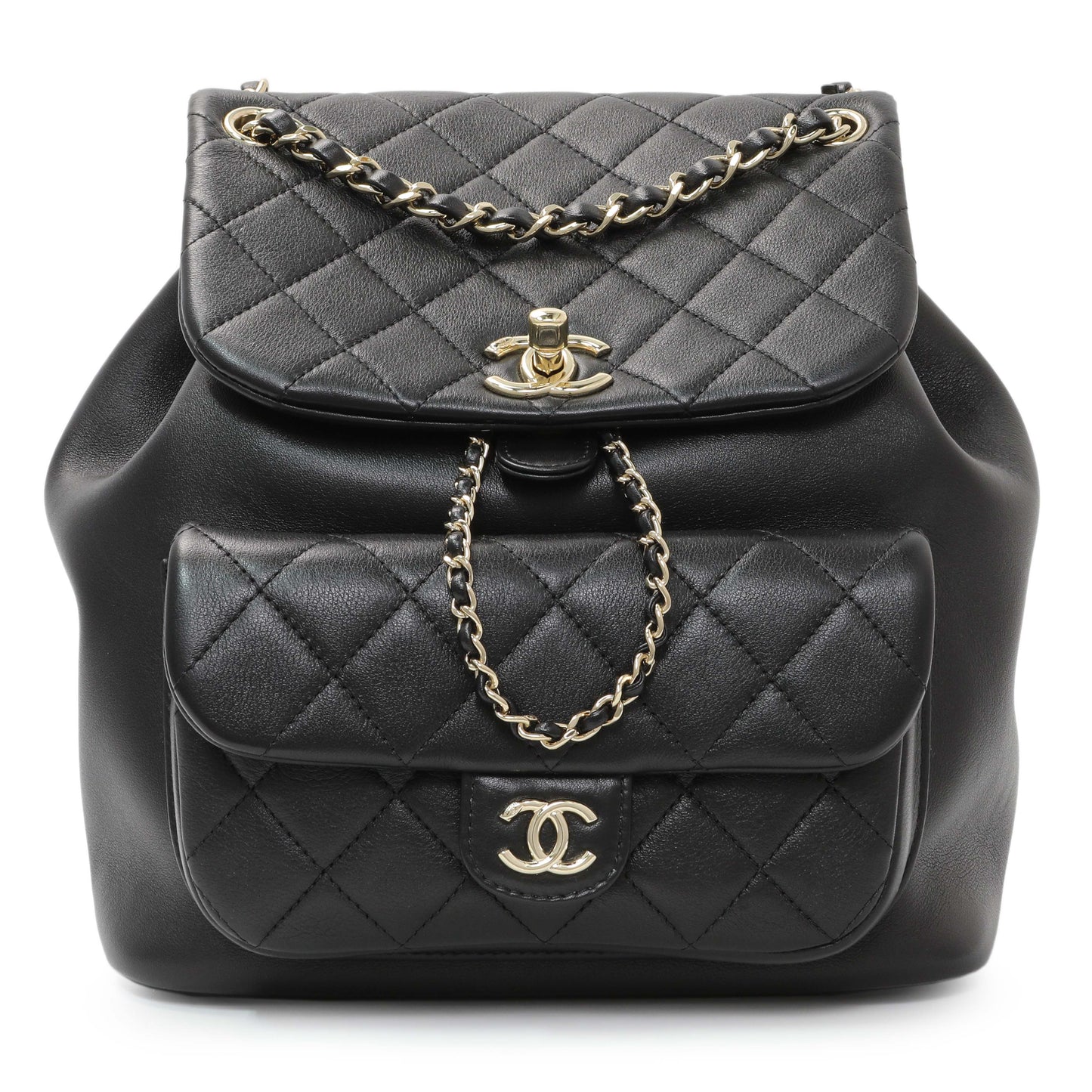 Exclusive Chanel Black Lambskin Quilted Large Duma Drawstring Backpack — Front View