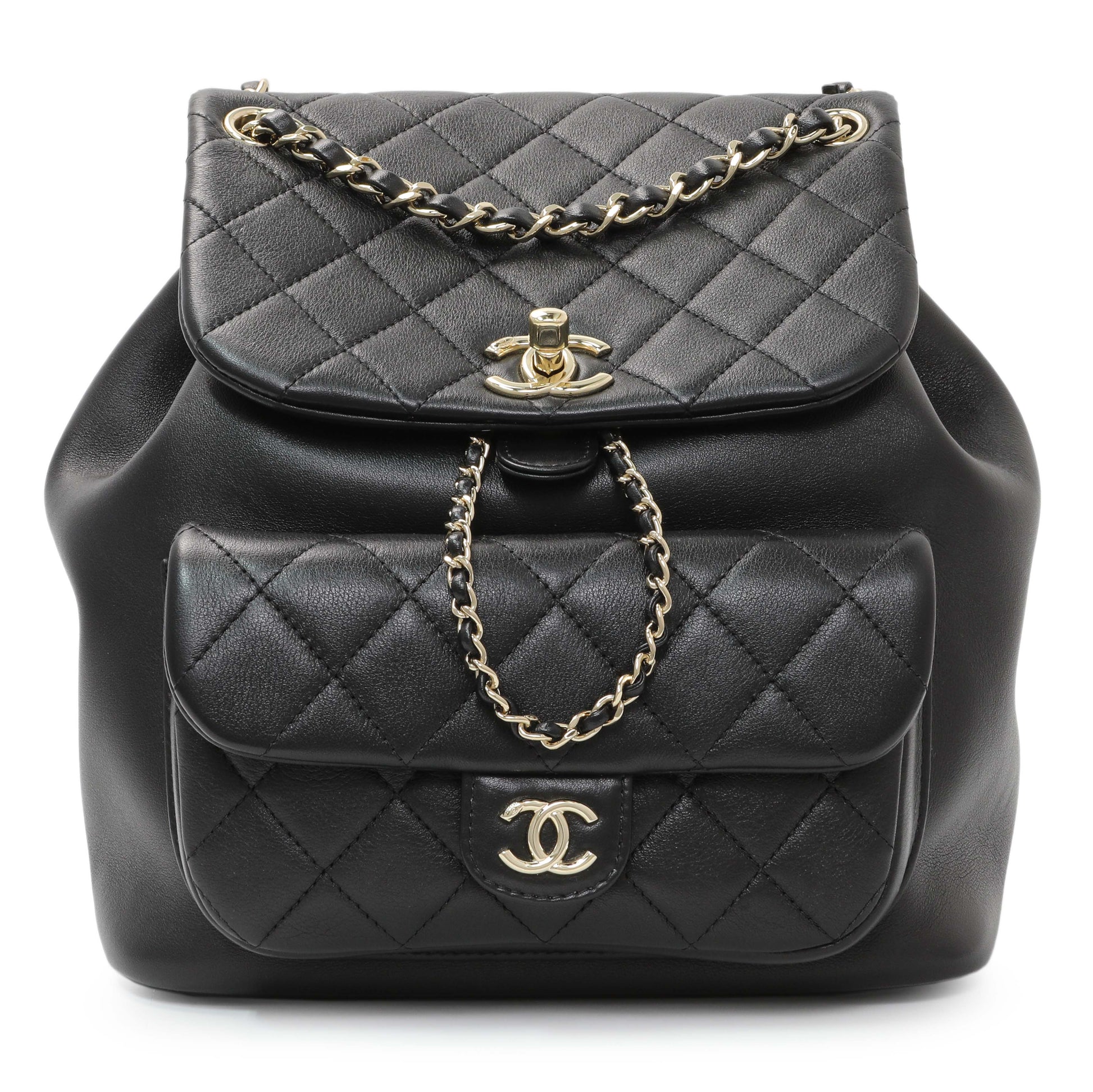 Exclusive Chanel Black Lambskin Quilted Large Duma Drawstring Backpack — Front View