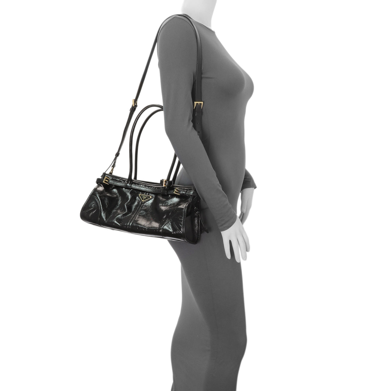 Exclusive Prada Black Glossy Calfskin Triangle Medium Bonnie Shoulder Bag — Lifestyle View