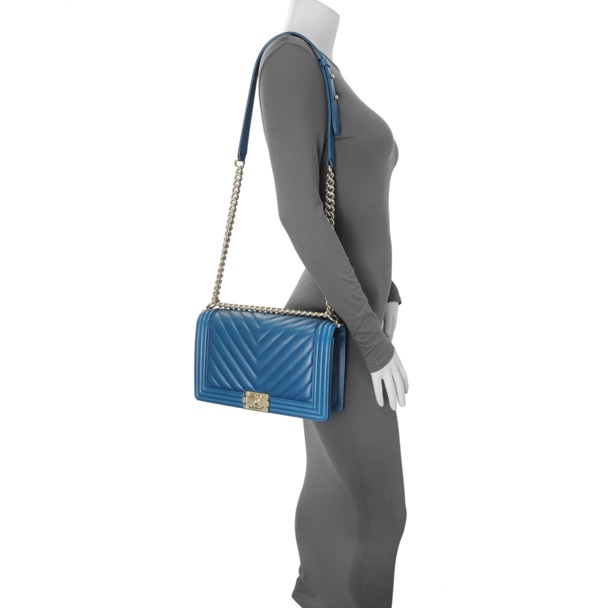 Exclusive Chanel Blue Lambskin Chevron Quilted New Medium Boy Flap — Alternate View 11