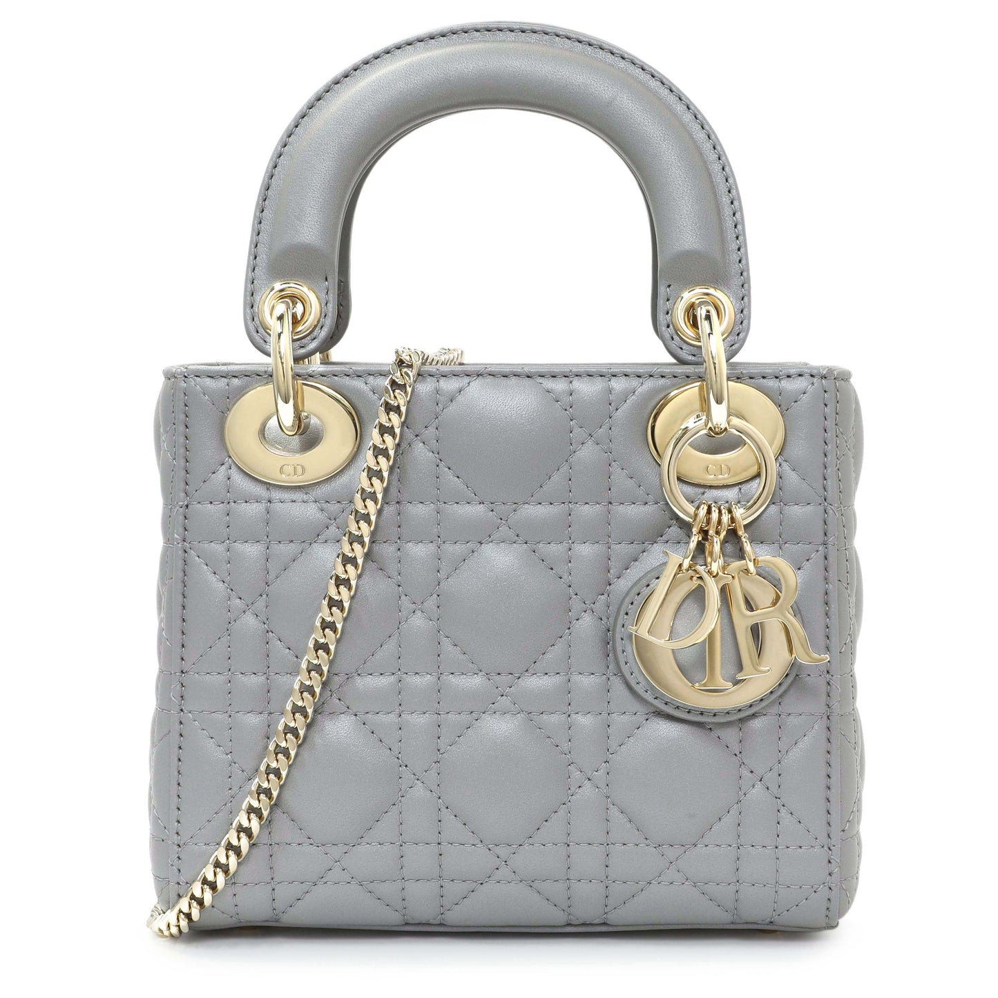 Exclusive Christian Dior Grey Metallic Lambskin Cannage Mini Lady Dior — Front View