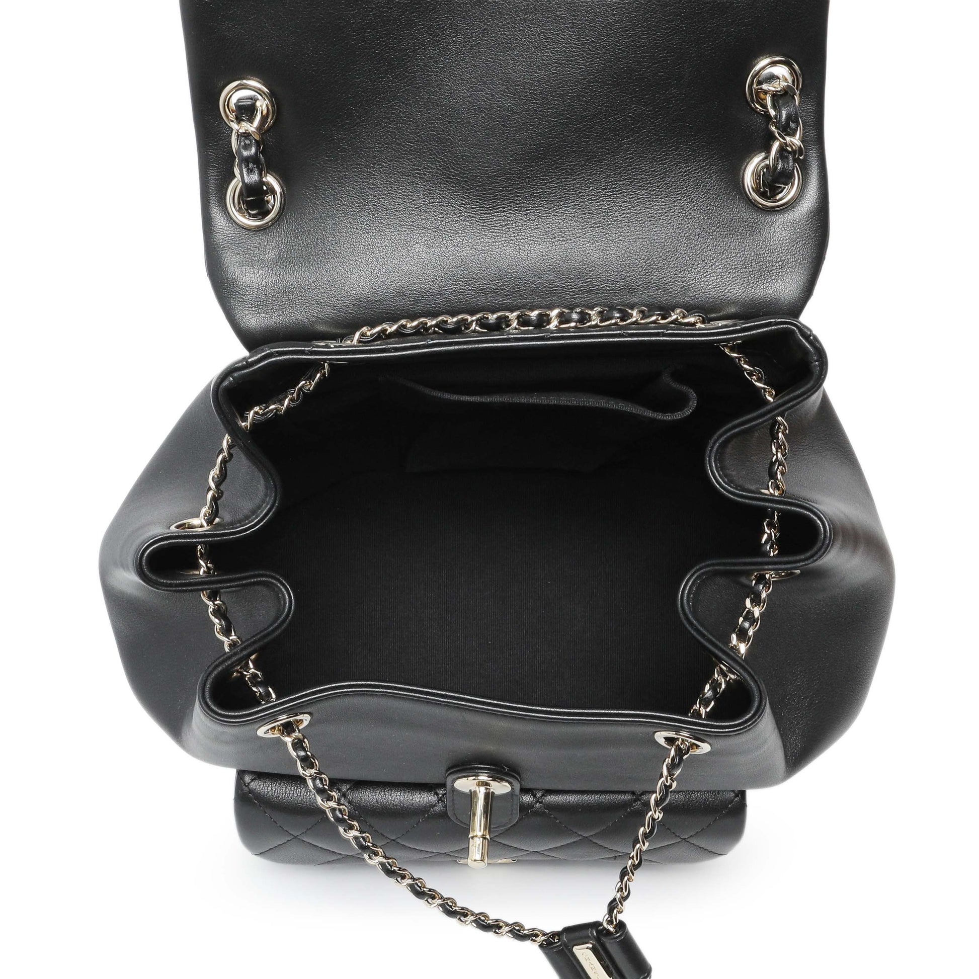 Exclusive Chanel Black Lambskin Quilted Large Duma Drawstring Backpack — Top View