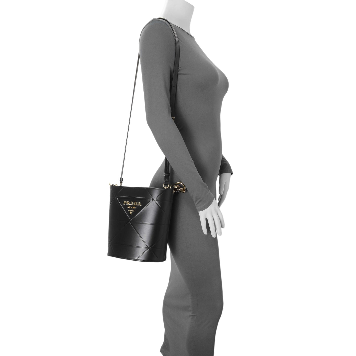 Exclusive Prada Black Calfskin Symbole Bucket Bag — Lifestyle View
