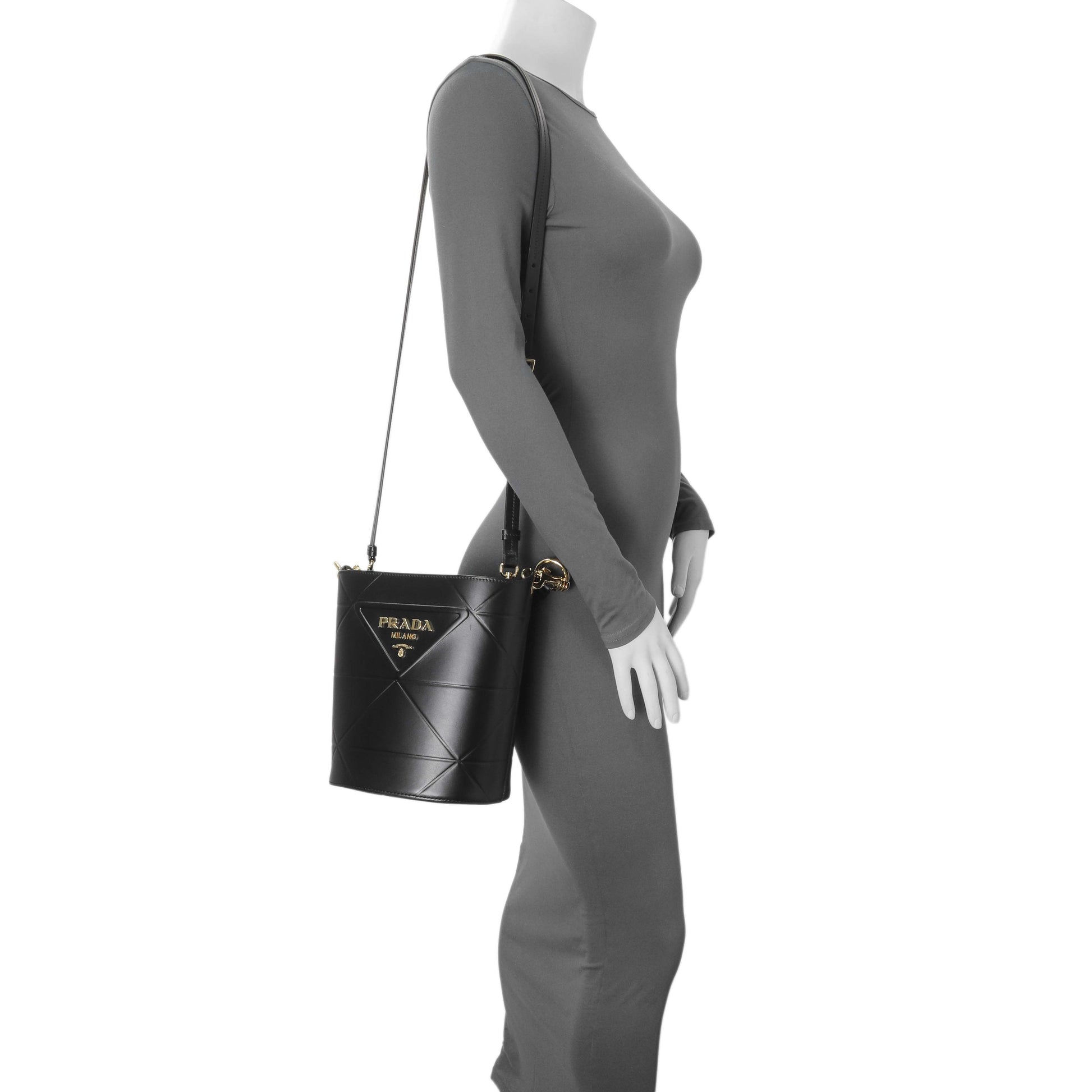 Exclusive Prada Black Calfskin Symbole Bucket Bag — Lifestyle View