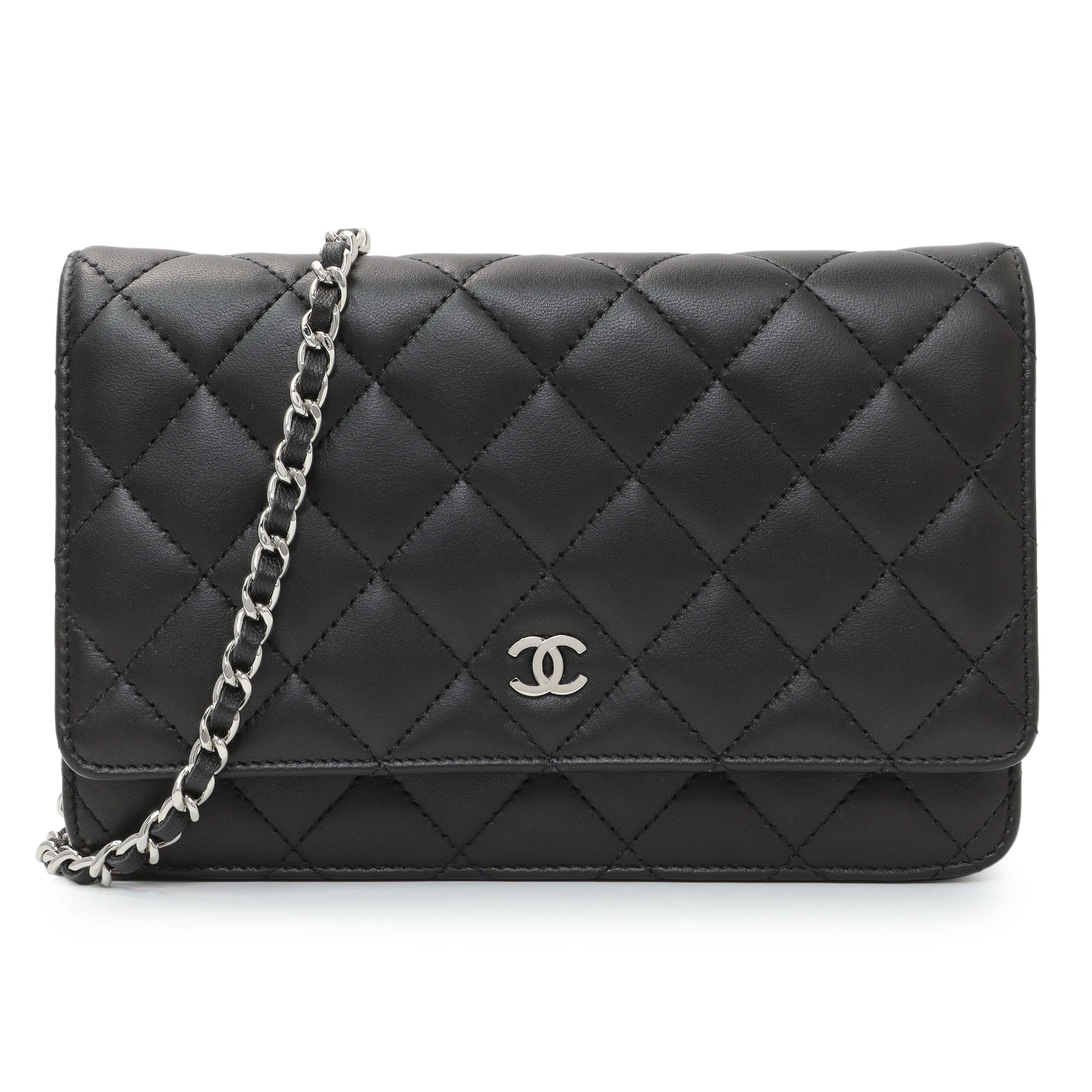 Exclusive Chanel Black Quilted Lambskin Wallet on Chain — Front View