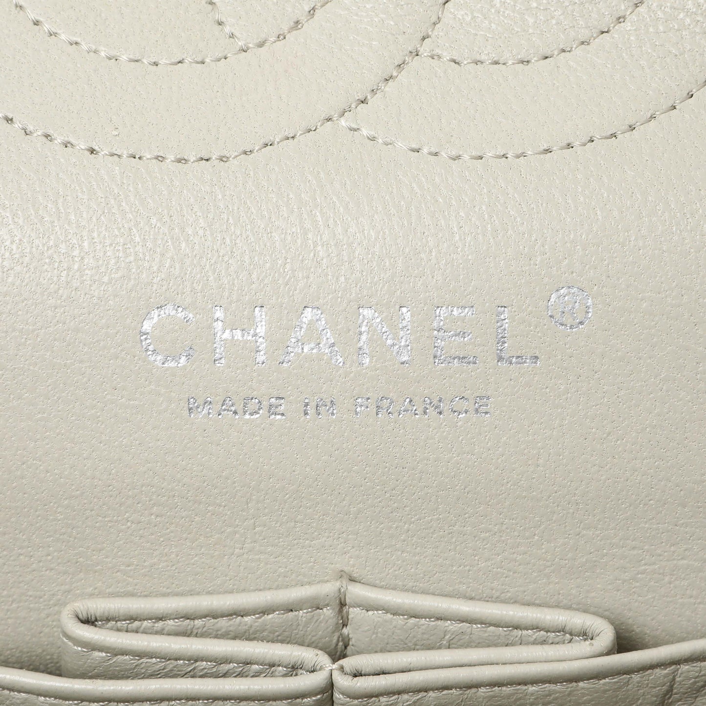 Exclusive Chanel Beige Crinkled Patent Medium Double Flap — Detail View