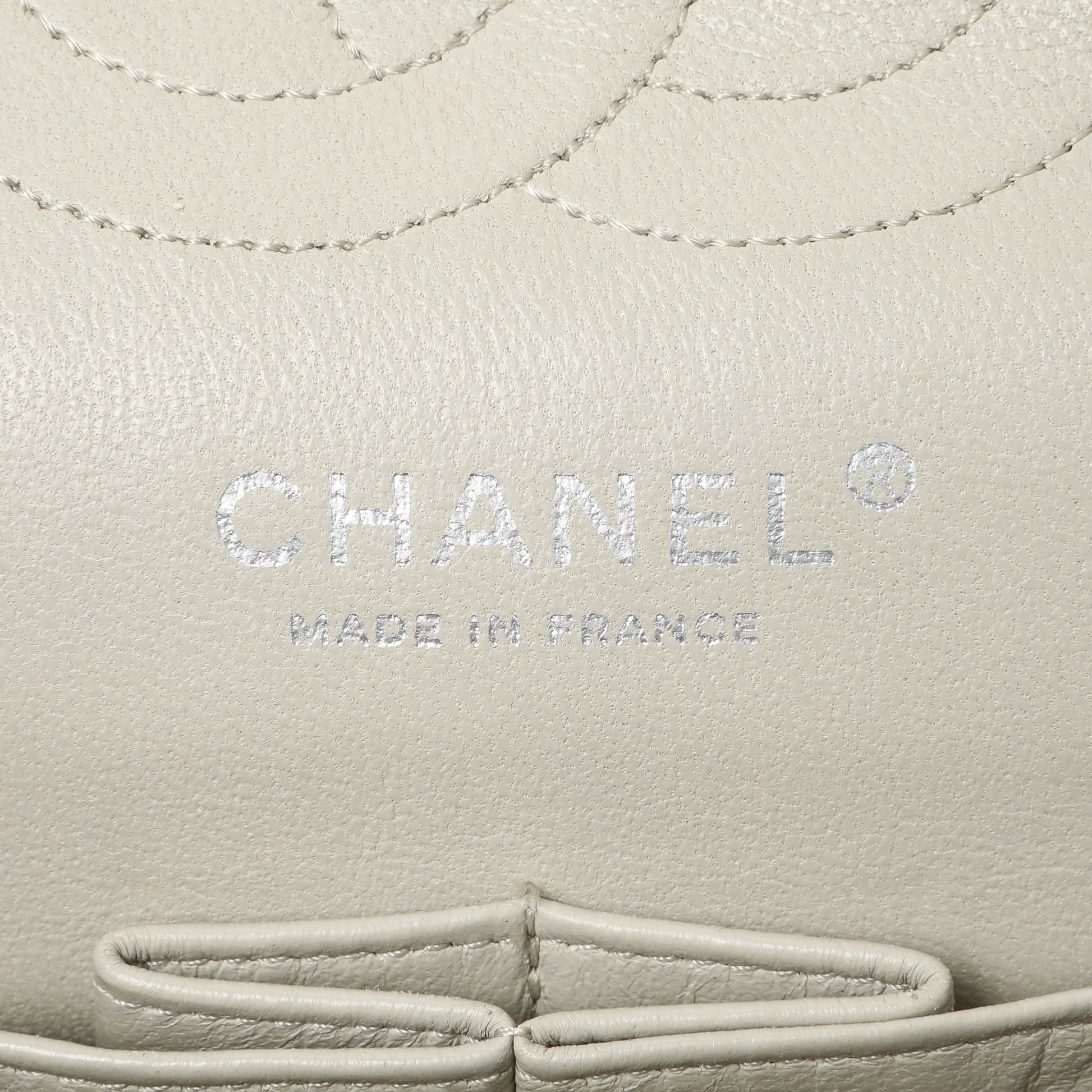 Exclusive Chanel Beige Crinkled Patent Medium Double Flap — Detail View