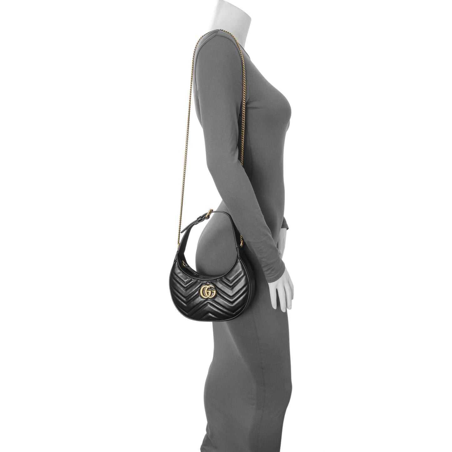 Exclusive Gucci Black Calfskin Matelasse Chevron Mini GG Marmont Half Moon Hobo — Alternate View 7