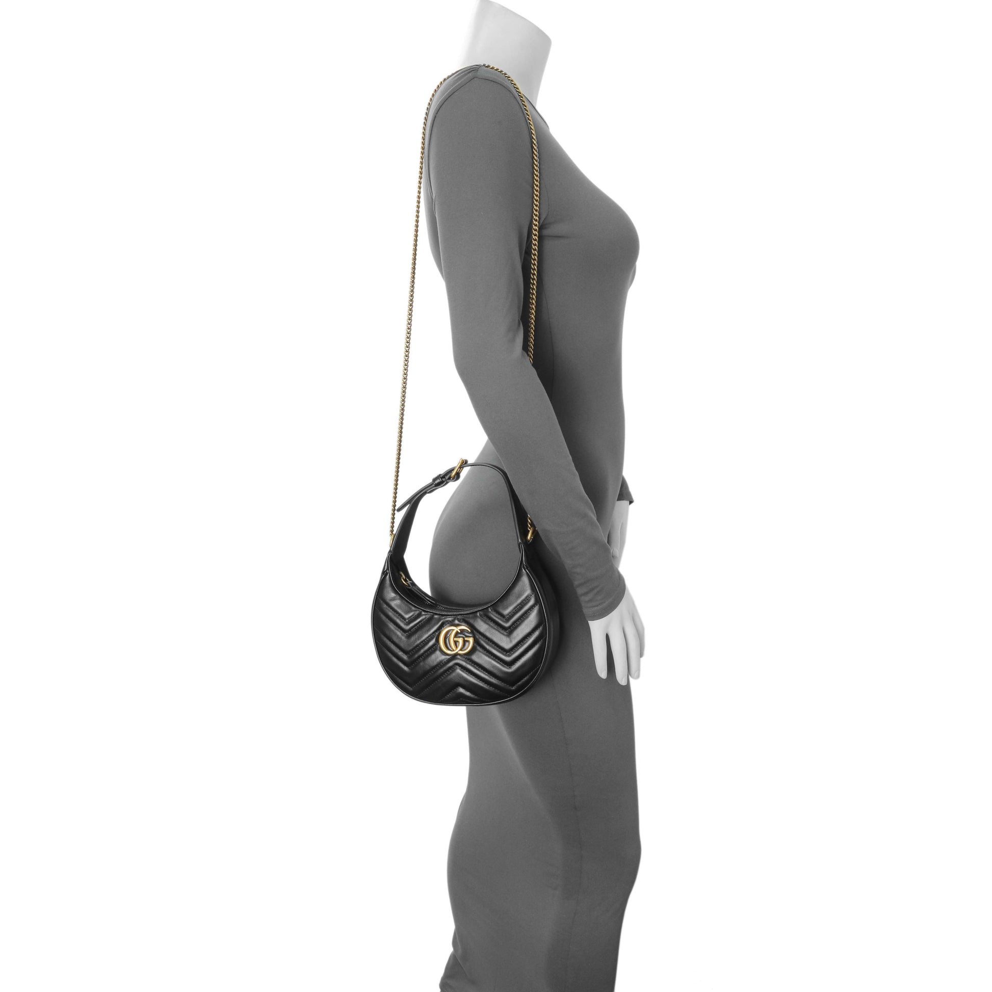 Exclusive Gucci Black Calfskin Matelasse Chevron Mini GG Marmont Half Moon Hobo — Alternate View 7