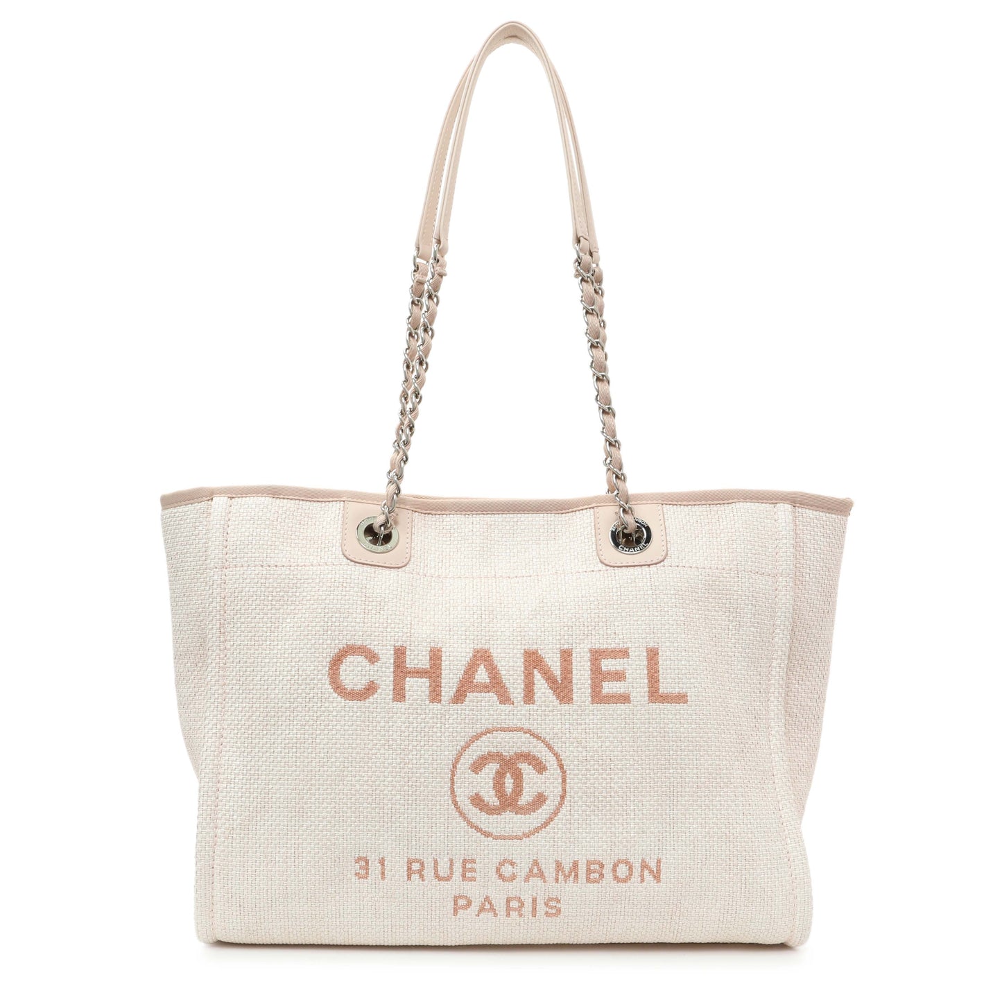 Exclusive Chanel Light Pink Woven Straw Raffia Small Deauville Tote — Front View