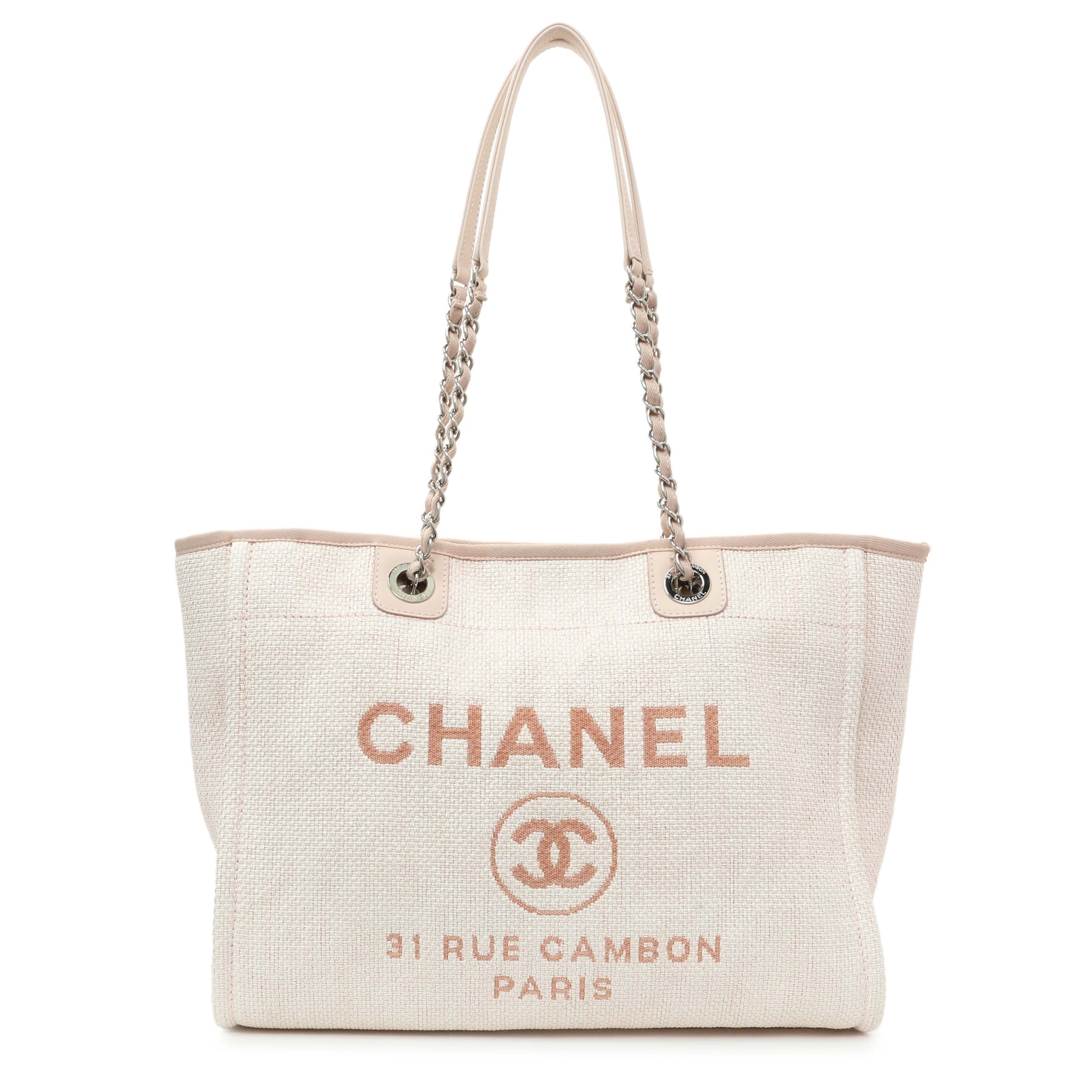 Exclusive Chanel Light Pink Woven Straw Raffia Small Deauville Tote — Front View