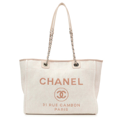 Exclusive Chanel Light Pink Woven Straw Raffia Small Deauville Tote — Front View