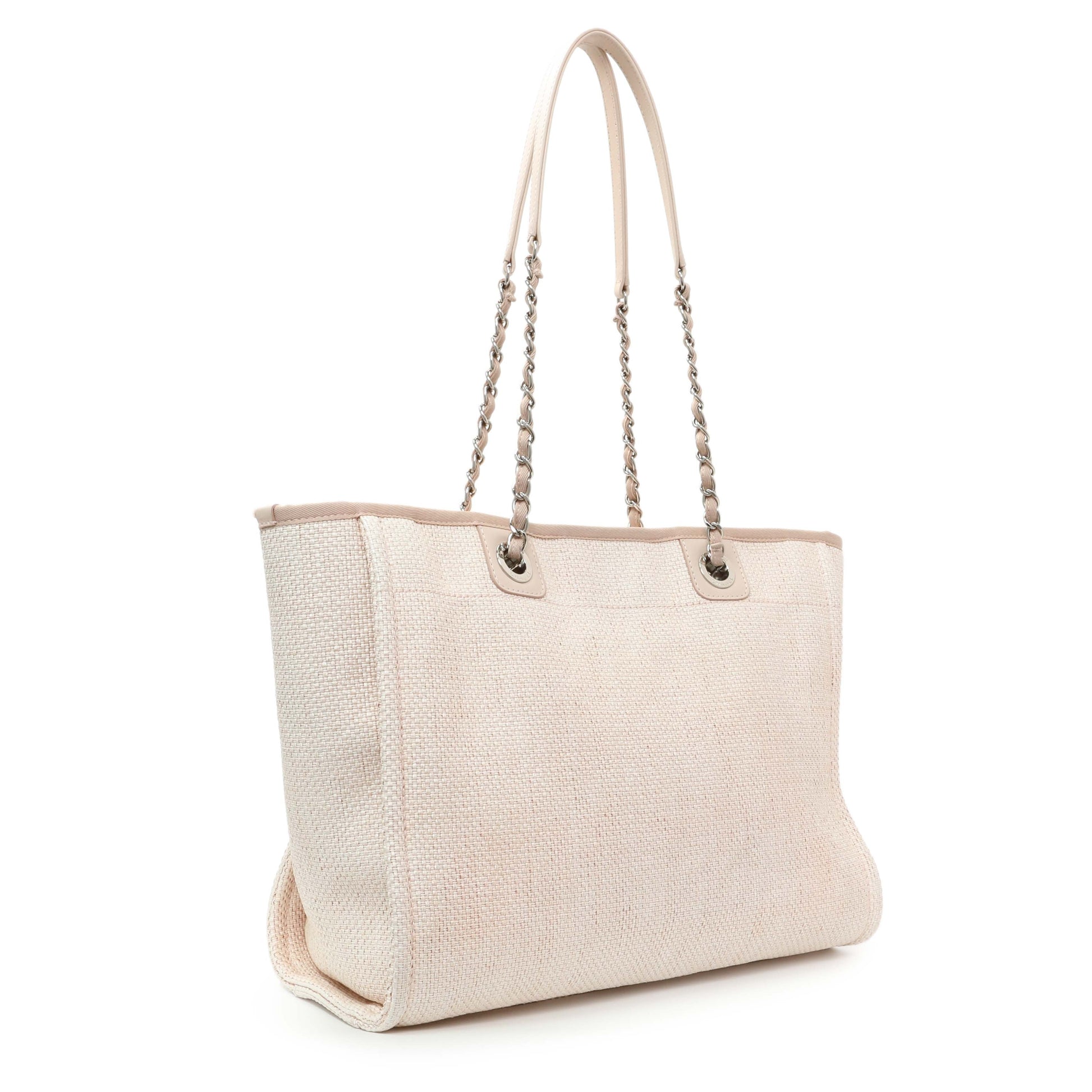 Exclusive Chanel Light Pink Woven Straw Raffia Small Deauville Tote — Side View