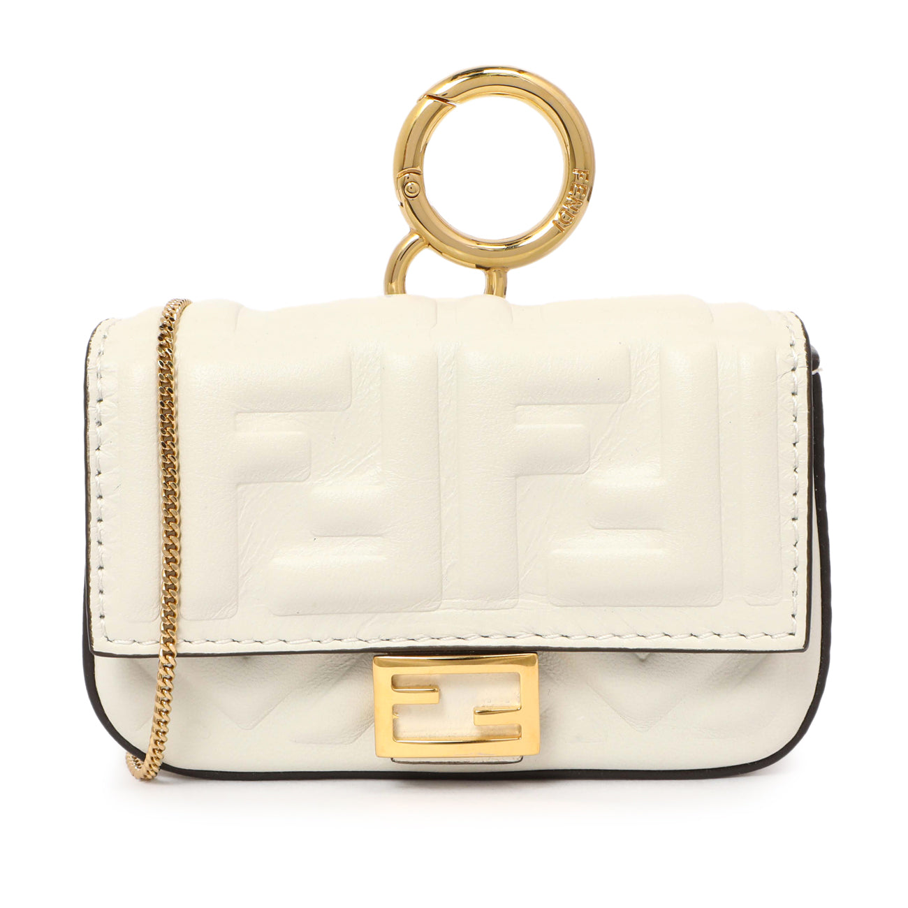 Exclusive Fendi White Nappa Matisse FF Embossed Nano Baguette Charm — Front View