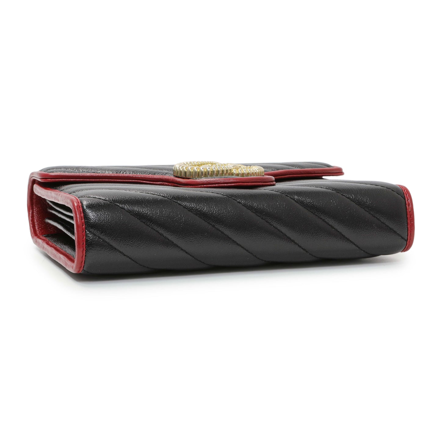 Exclusive Gucci Black Red Vintage Effect Calfskin Matelasse Diagonal Torchon GG Marmont Chain Wallet — Back View