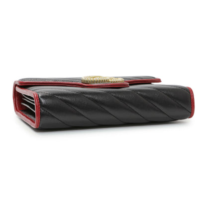 Exclusive Gucci Black Red Vintage Effect Calfskin Matelasse Diagonal Torchon GG Marmont Chain Wallet — Back View