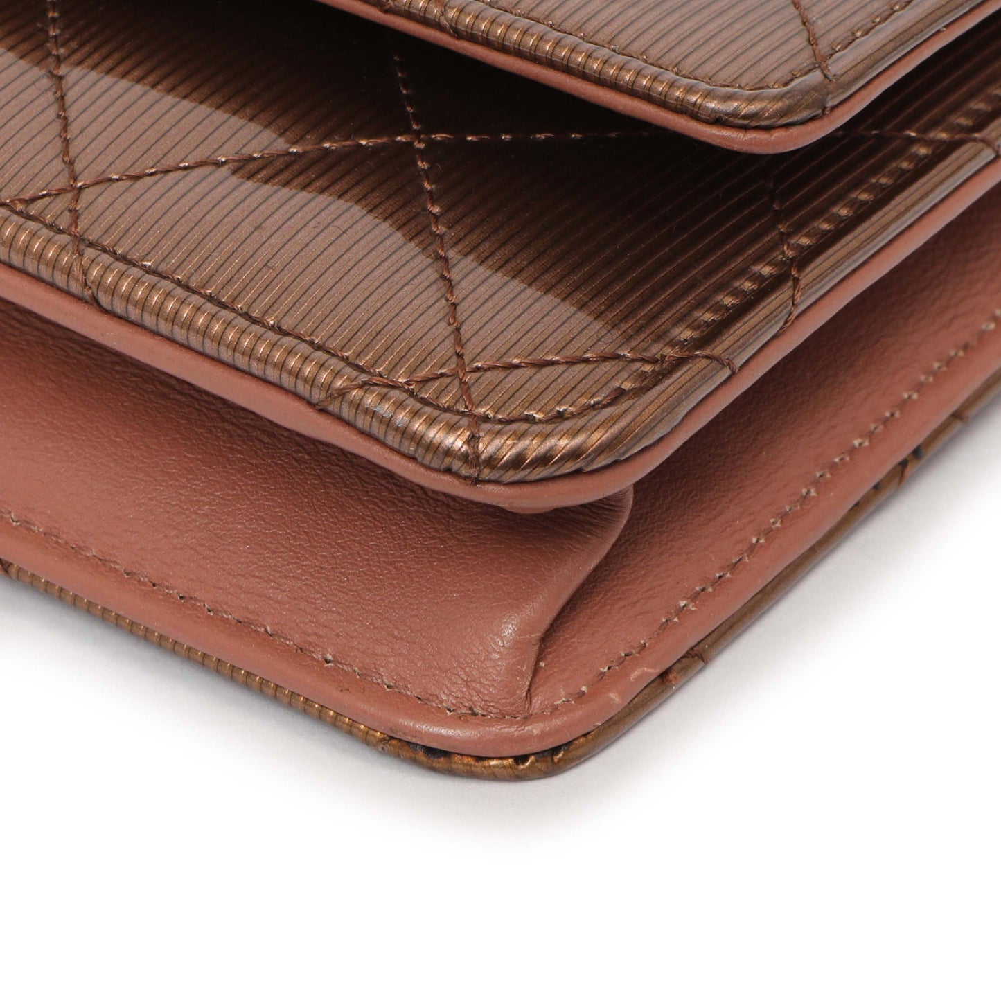 Exclusive Chanel Bronze Striated Quilted Patent Wallet on Chain — Detail View