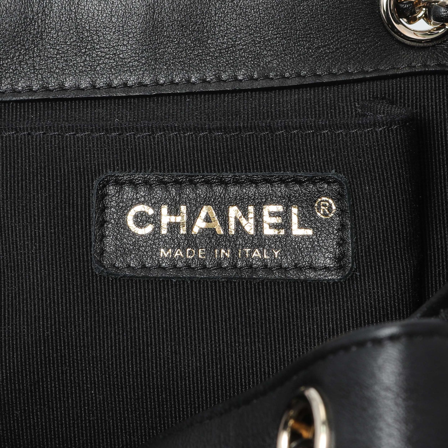 Exclusive Chanel Black Lambskin Quilted Large Duma Drawstring Backpack — Detail View