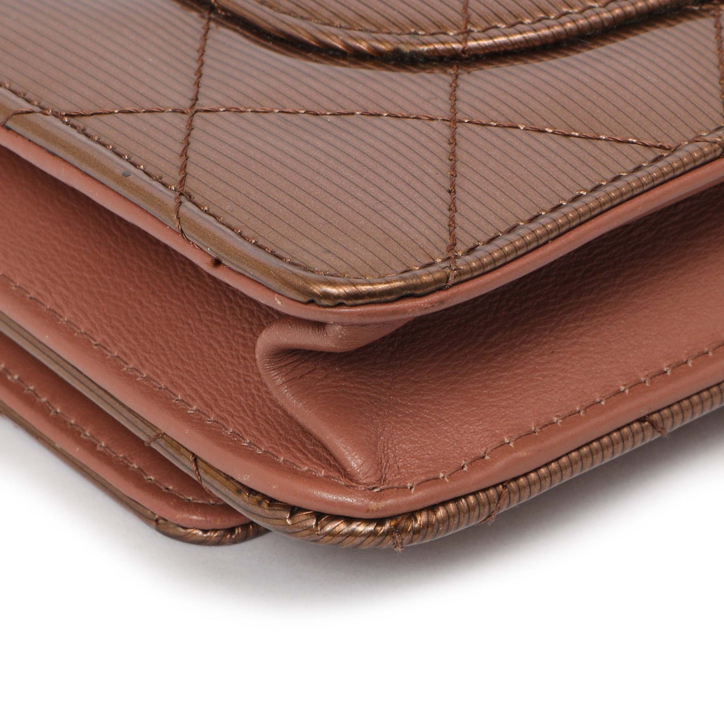 Exclusive Chanel Bronze Striated Quilted Patent Wallet on Chain — Lifestyle View