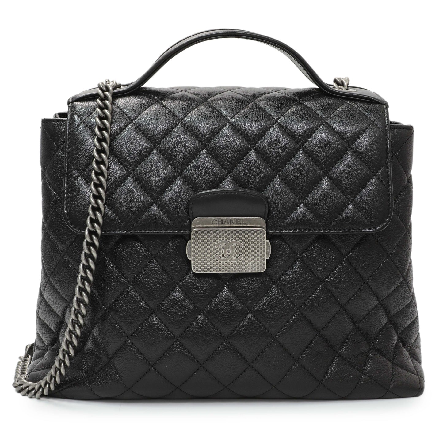 Exclusive Chanel Black Quilted Goatskin Small CC University Shopping Tote — Front View