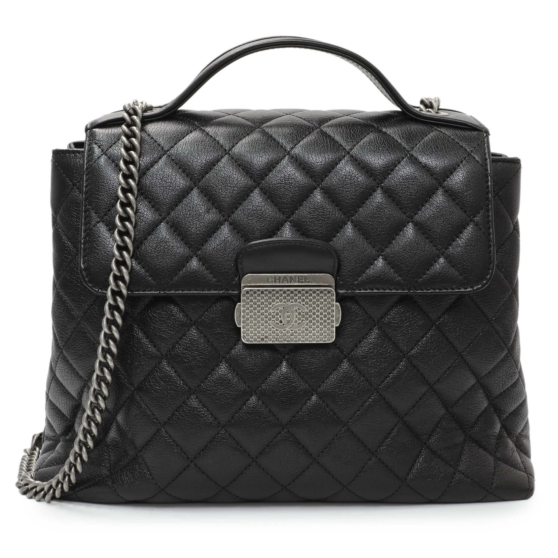 Exclusive Chanel Black Quilted Goatskin Small CC University Shopping Tote — Front View