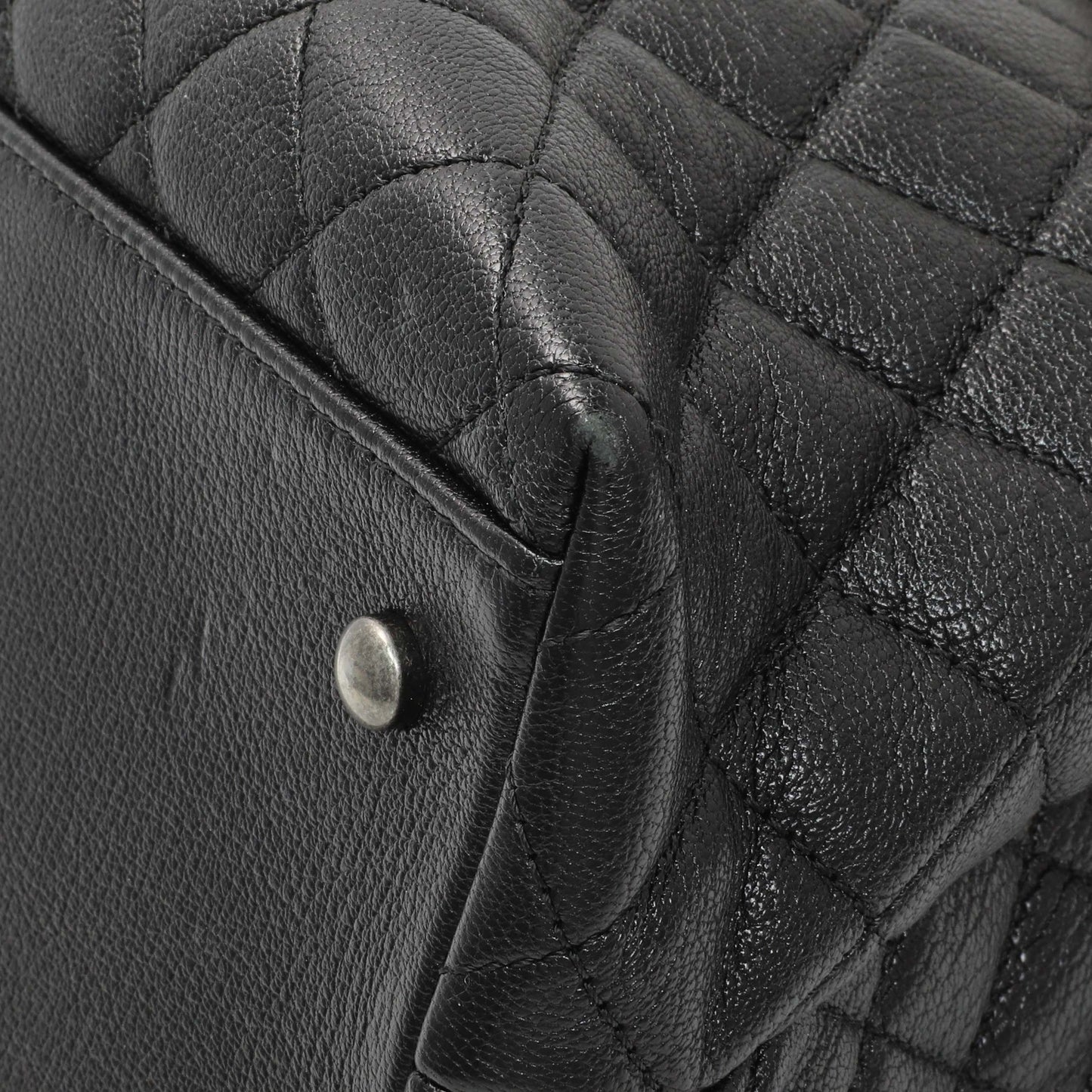 Exclusive Chanel Black Quilted Goatskin Small CC University Shopping Tote — Detail View