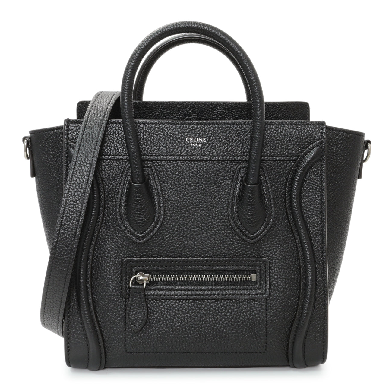 Exclusive Celine Black Drummed Calfskin Nano Luggage Tote — Front View