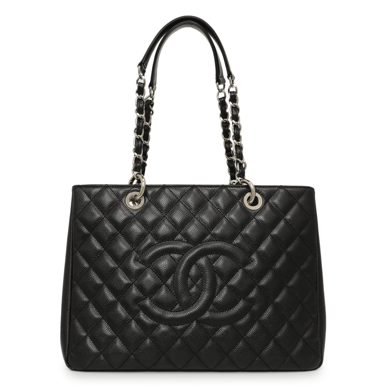 Exclusive Chanel Black Quilted Caviar Grand Shopping Tote GST — Front View