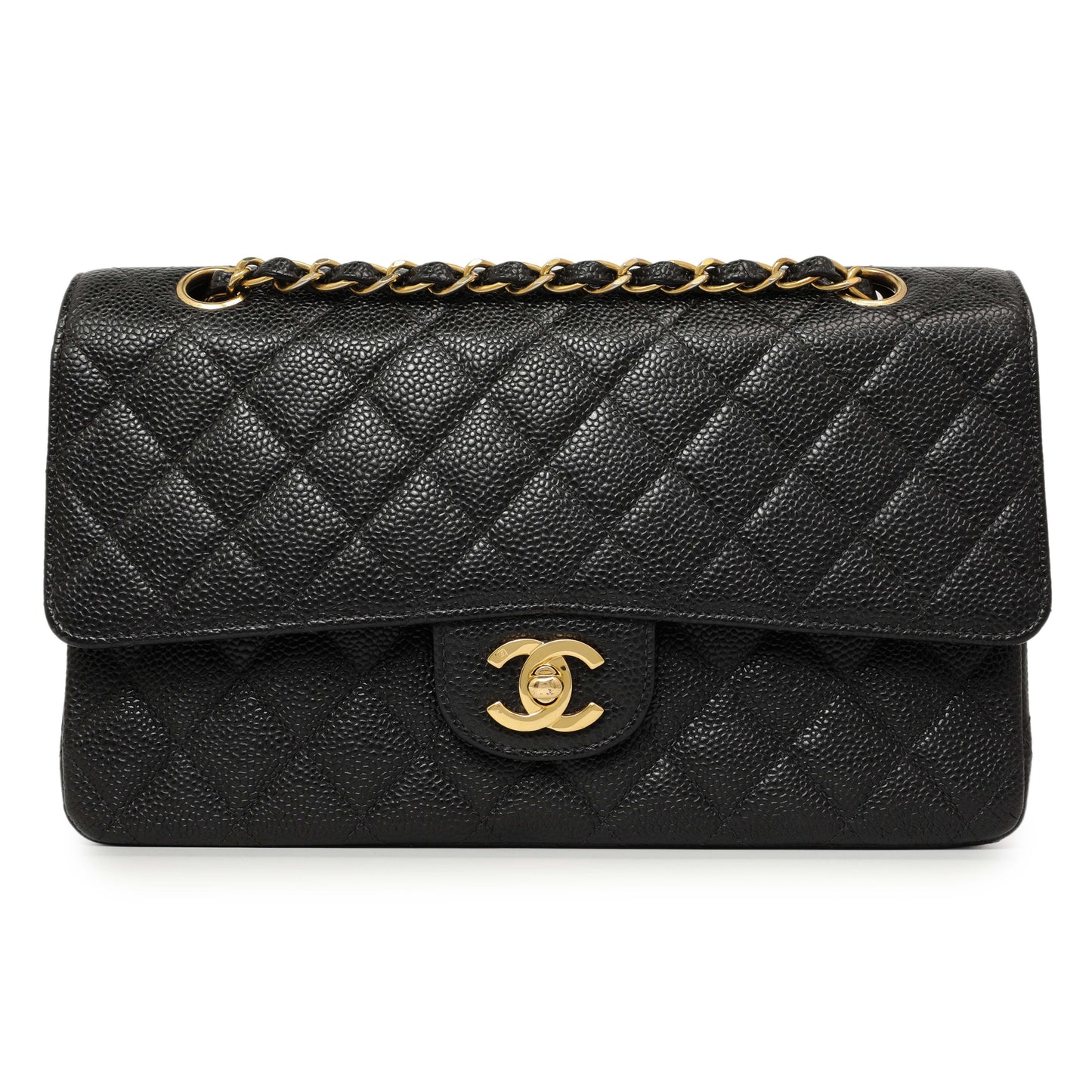 Exclusive Chanel Black Quilted Caviar Medium Classic Double Flap — Front View