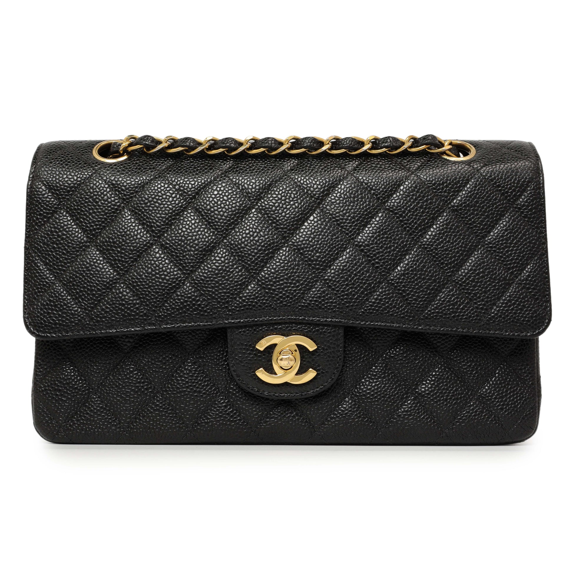 Exclusive Chanel Black Quilted Caviar Medium Classic Double Flap — Front View