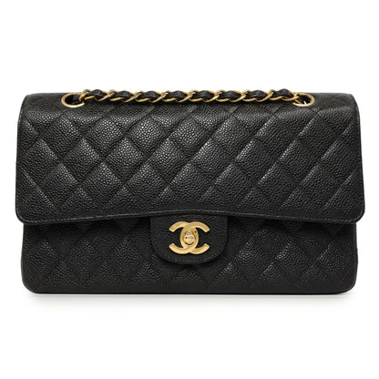 Exclusive Chanel Black Quilted Caviar Medium Classic Double Flap — Front View
