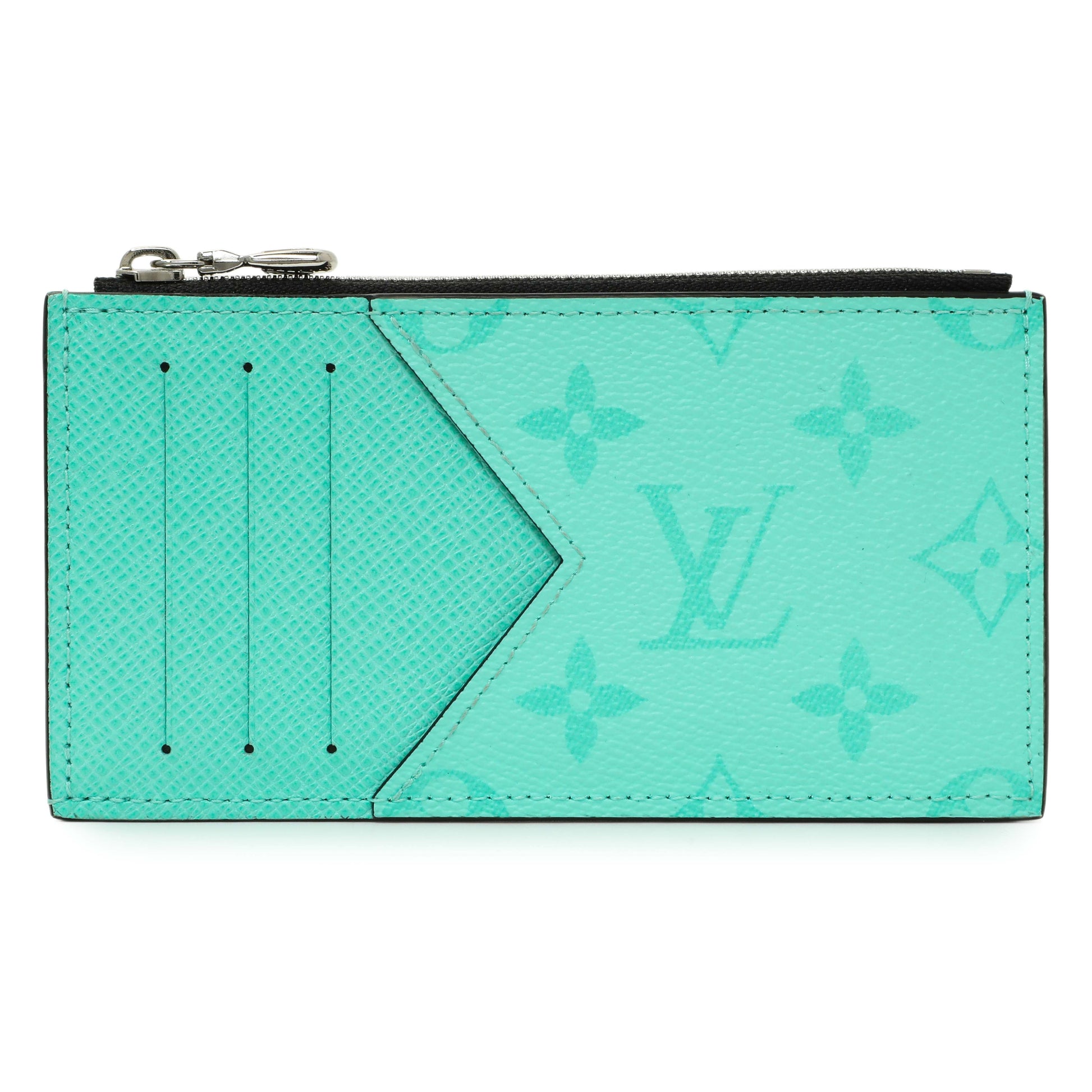 Exclusive Louis Vuitton Teal Taigarama Coin Card Holder — Front View