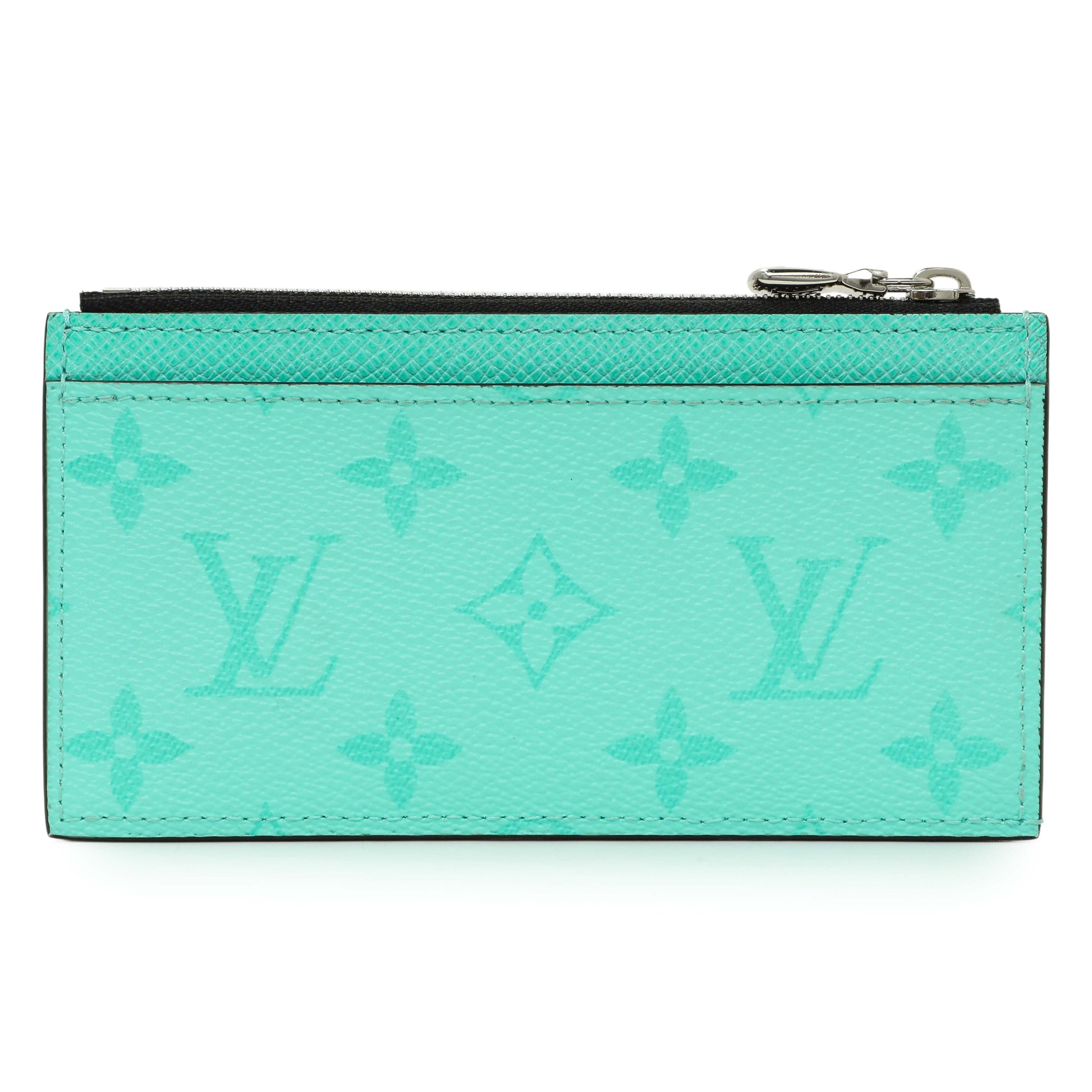 Exclusive Louis Vuitton Teal Taigarama Coin Card Holder — Side View