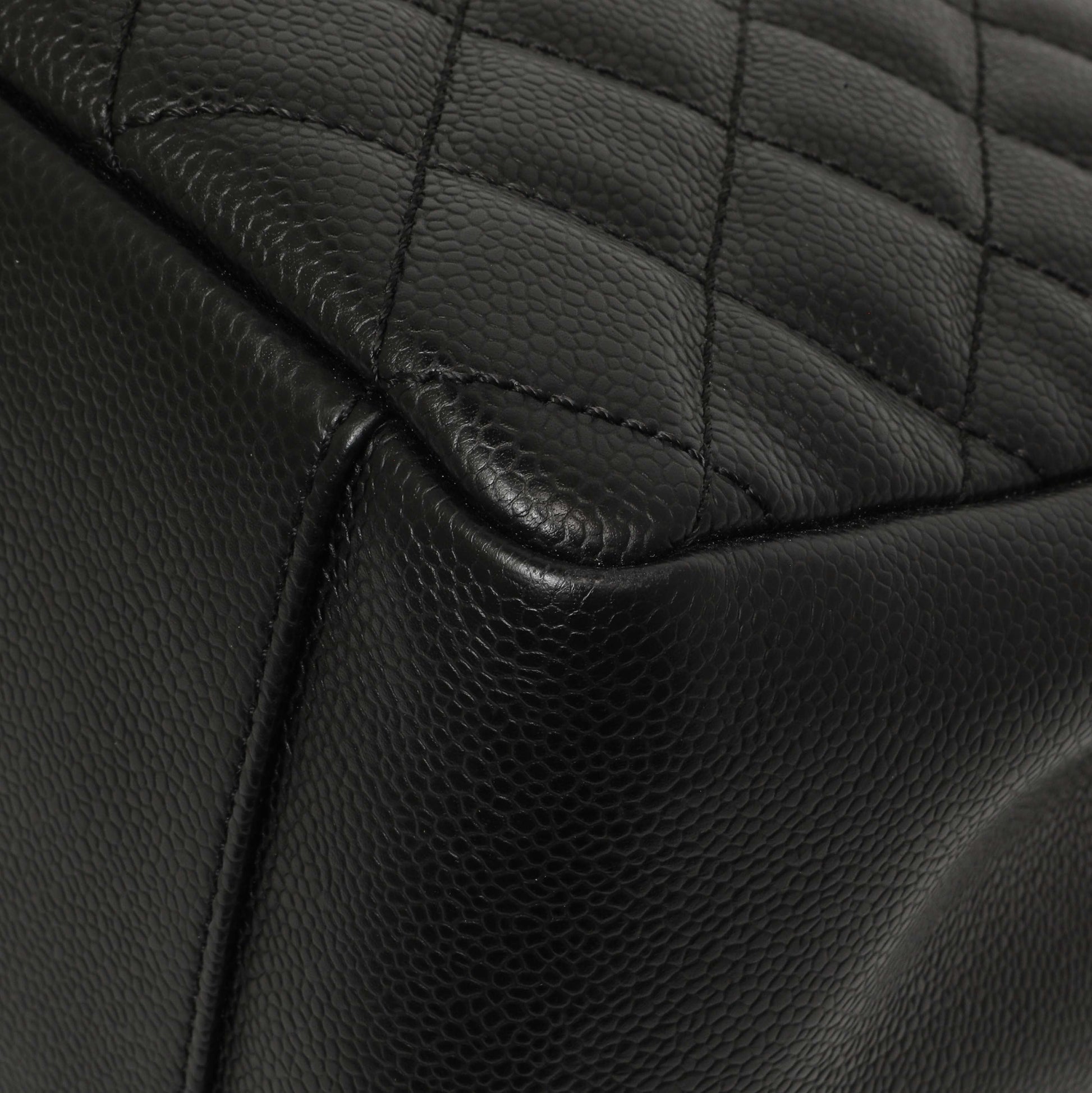Exclusive Chanel Black Quilted Caviar Grand Shopping Tote GST — Detail View
