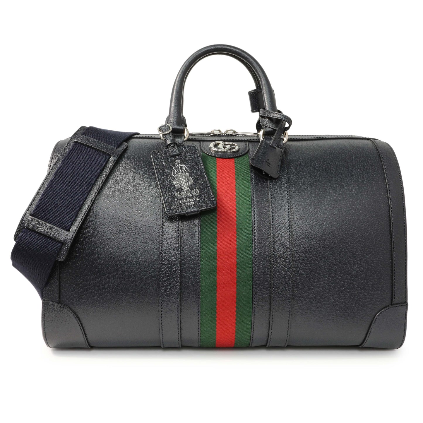 Exclusive Gucci Blue Textured Dollar Calfskin Web Medium Savoy Duffle Bag — Front View