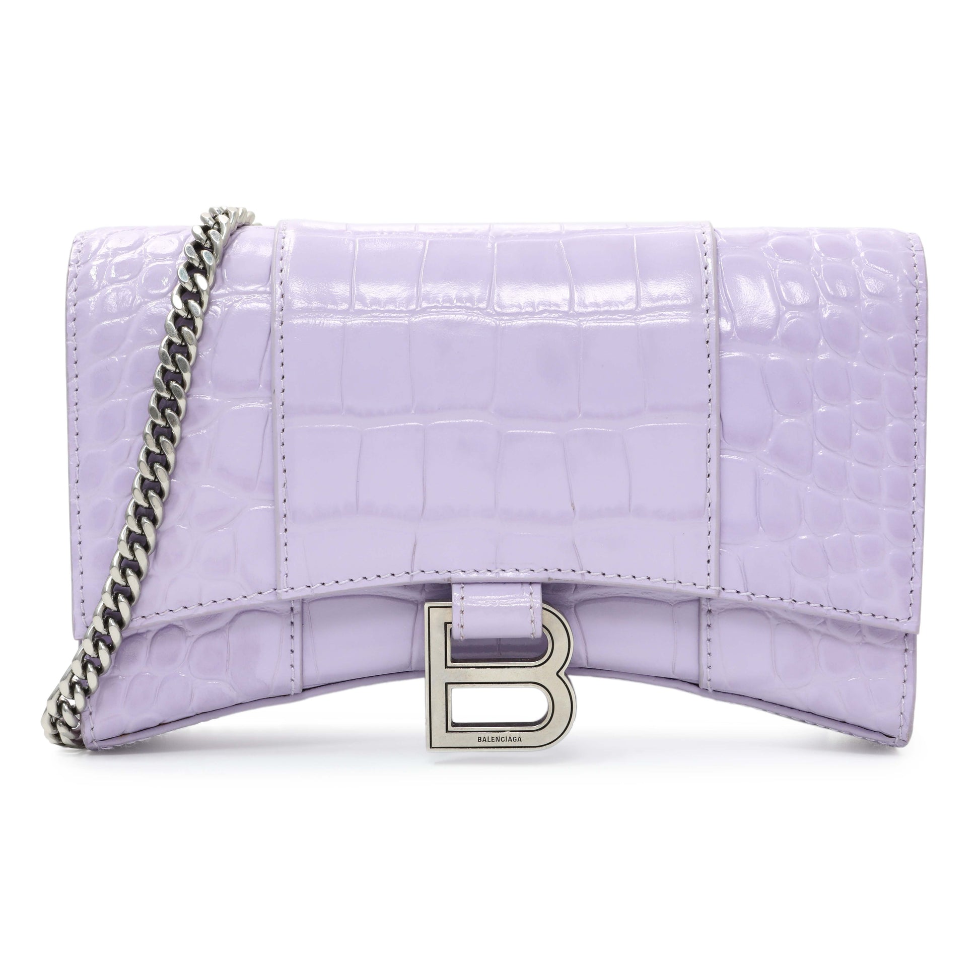Exclusive Balenciaga Lilac Shiny Calfskin Crocodile Embossed Hourglass Chain Bag — Front View