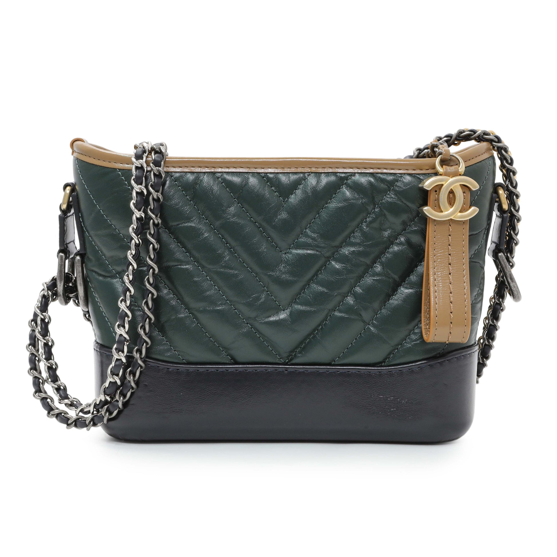 Exclusive Chanel Green Aged Calfskin Chevron Quilted Small Gabrielle Hobo — Front View