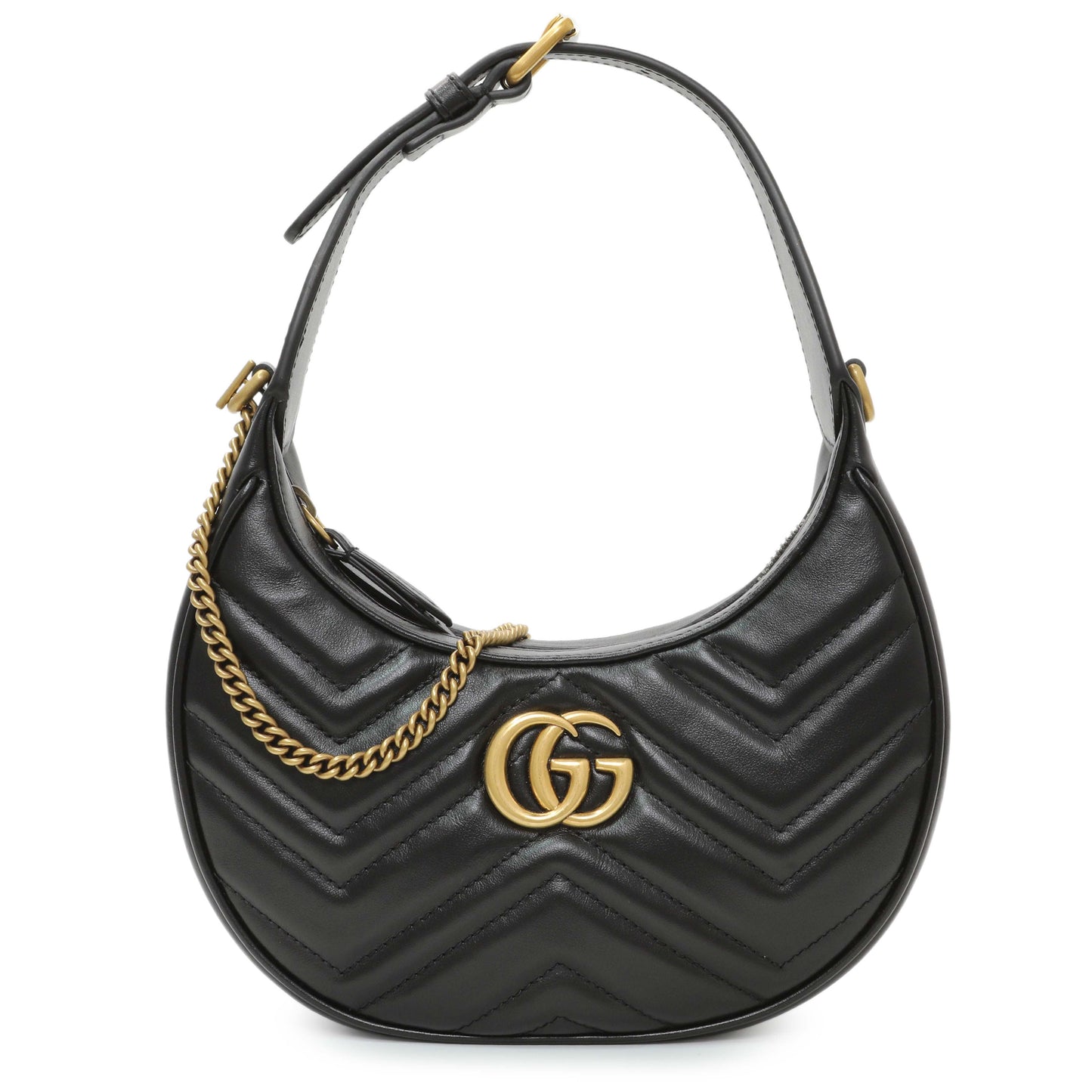 Exclusive Gucci Black Calfskin Matelasse Chevron Mini GG Marmont Half Moon Hobo — Front View
