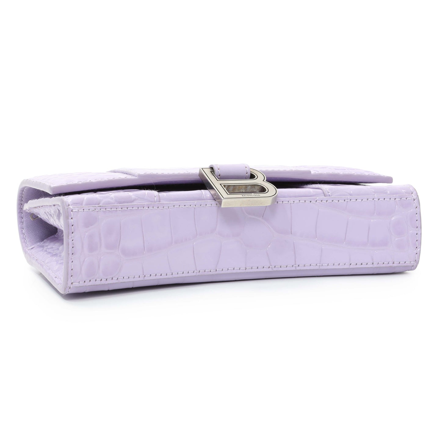 Exclusive Balenciaga Lilac Shiny Calfskin Crocodile Embossed Hourglass Chain Bag — Back View